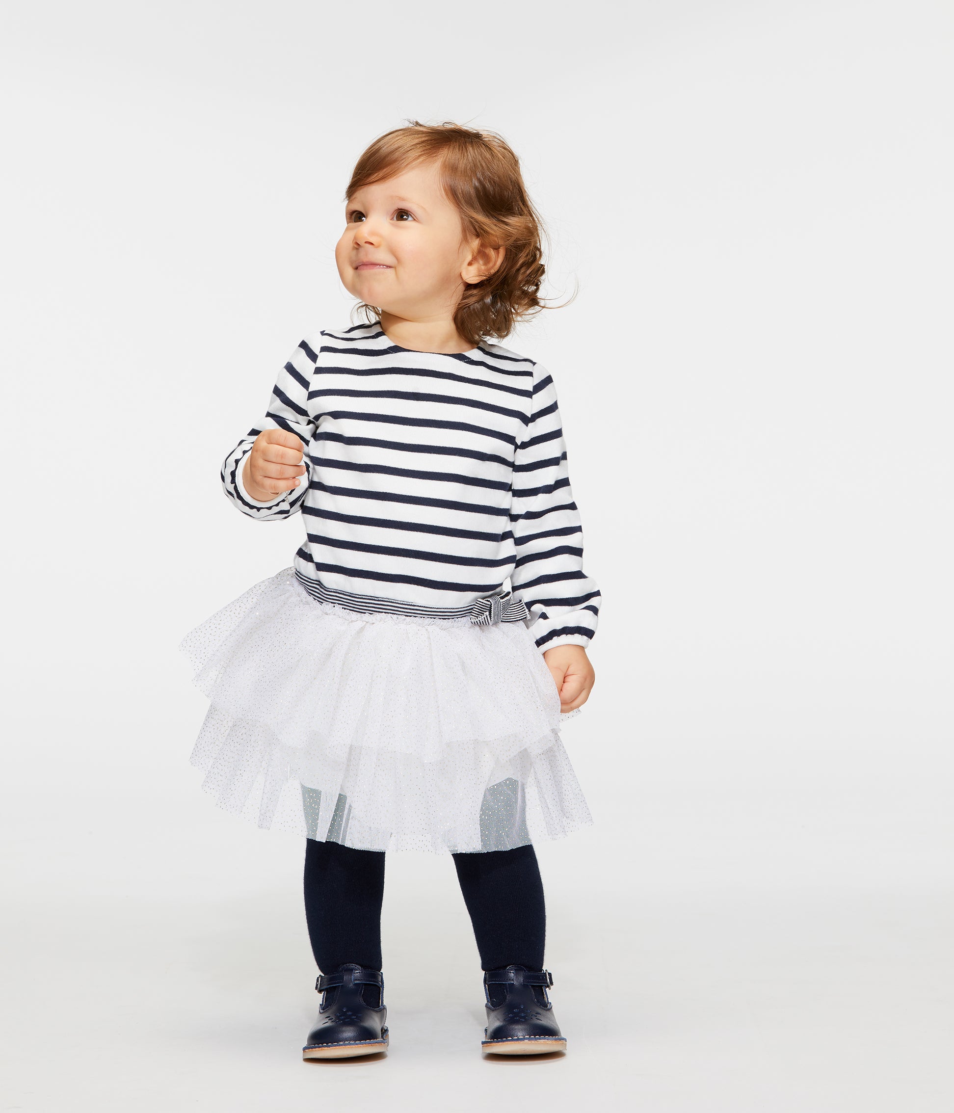 Baby Girls White & Black Striped Cotton Dress