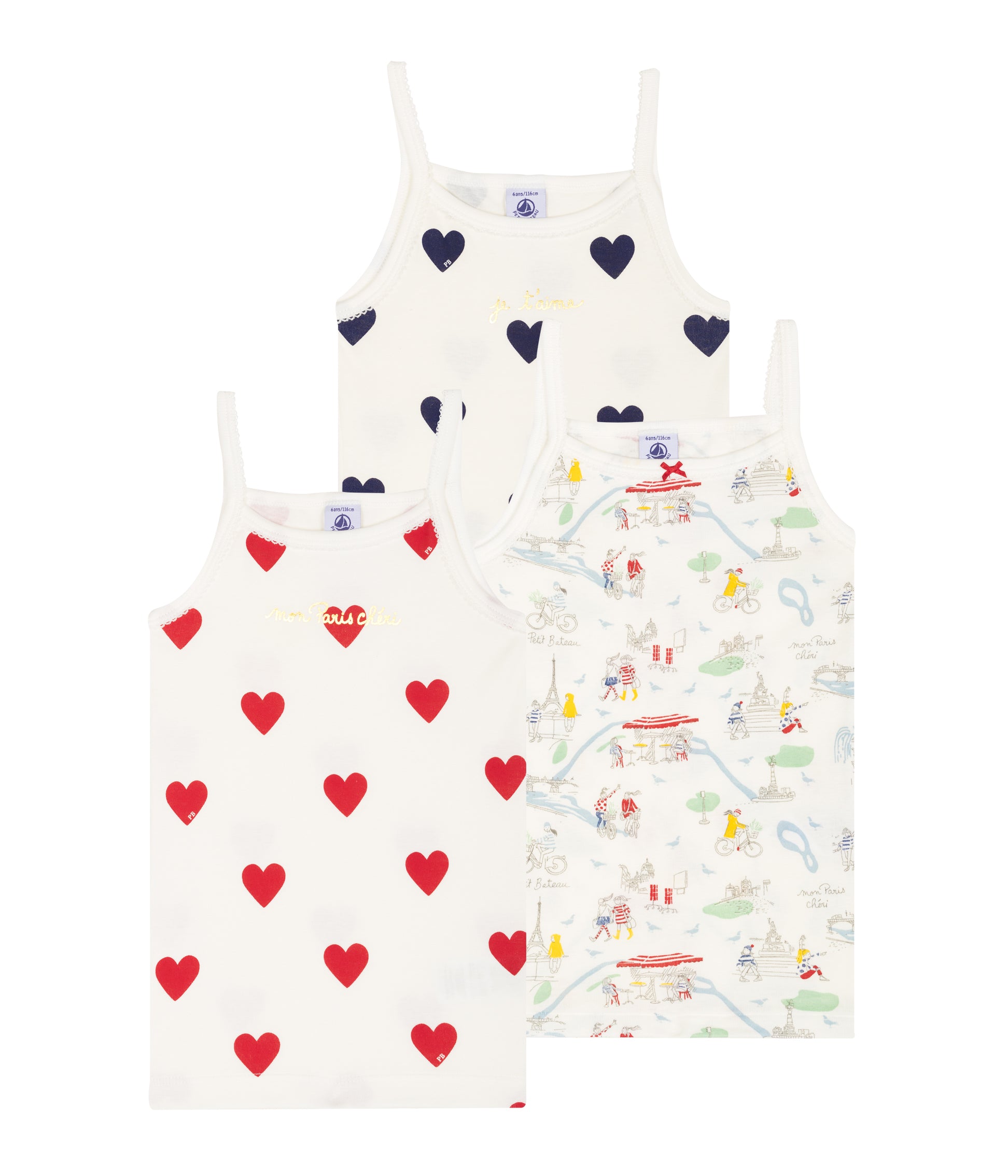 Girls White Heart Cotton Vest （3 pieces)