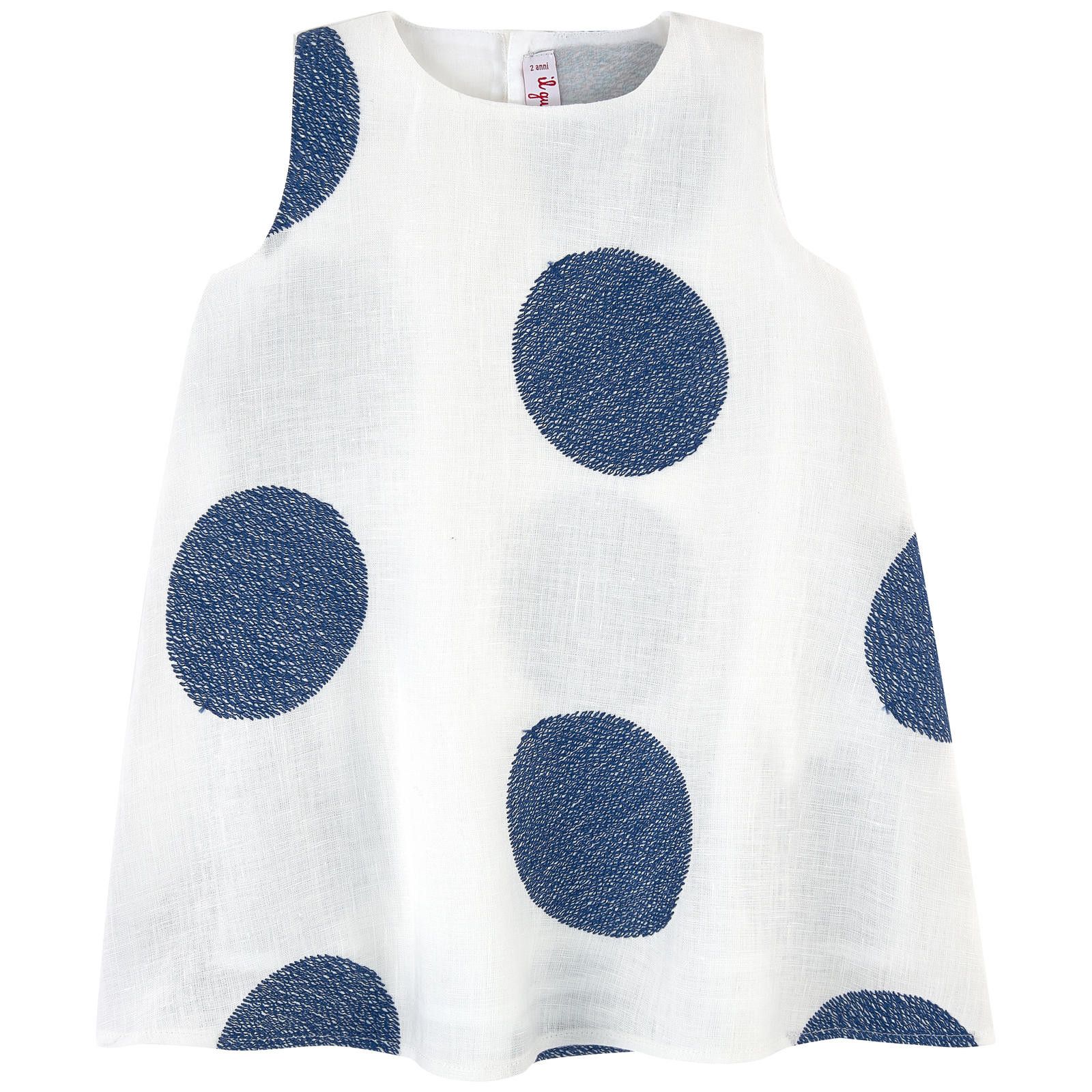 Girls White Linen Sleeveless Dress With Blue embroidered Trims - CÉMAROSE | Children's Fashion Store - 1