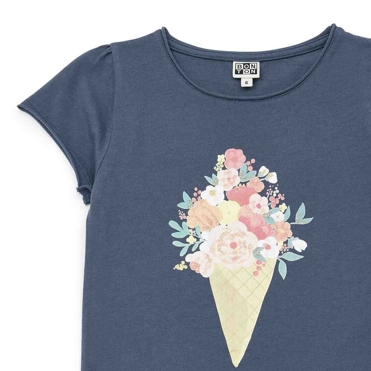 Girls Blue Printing Cotton T-Shirt