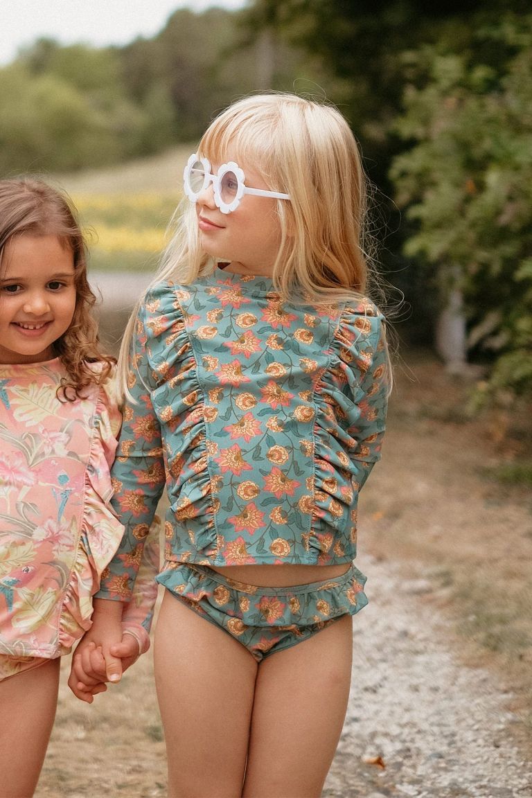 Girls Green Flowers UV Protective Swimwear Set