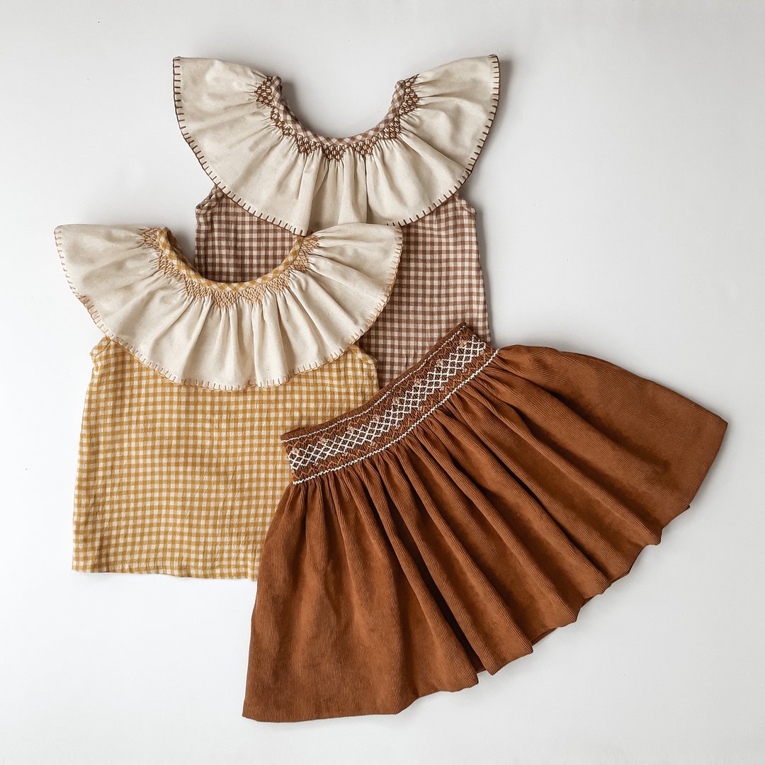 Girls Brown Check Ruffle Cotton Blouse
