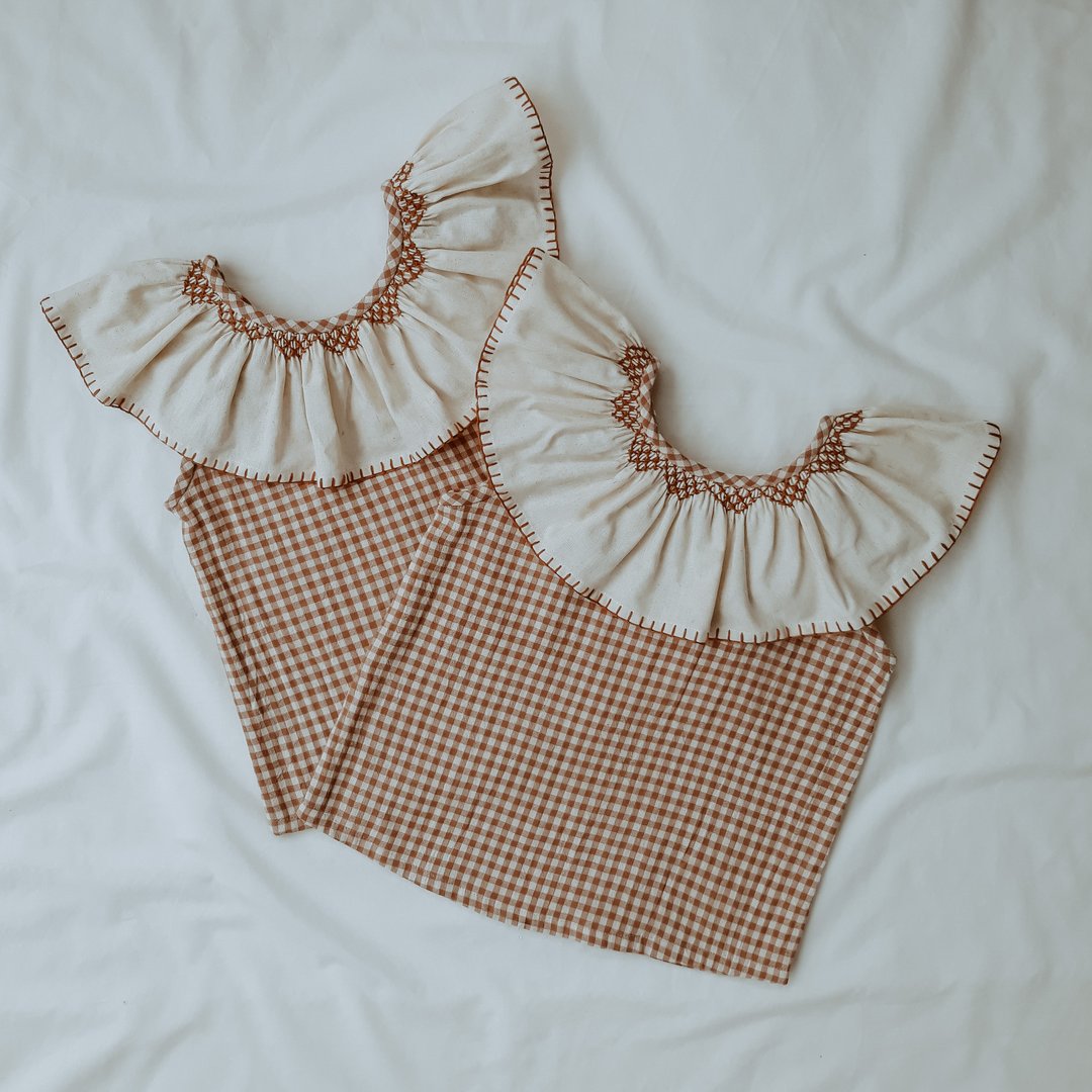 Girls Brown Check Ruffle Cotton Blouse