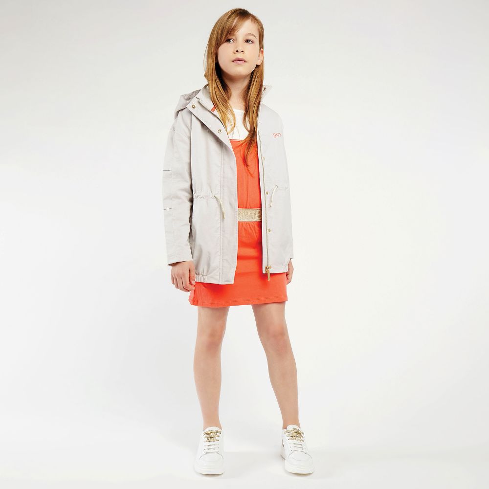 Girls White & Orange Logo Dress