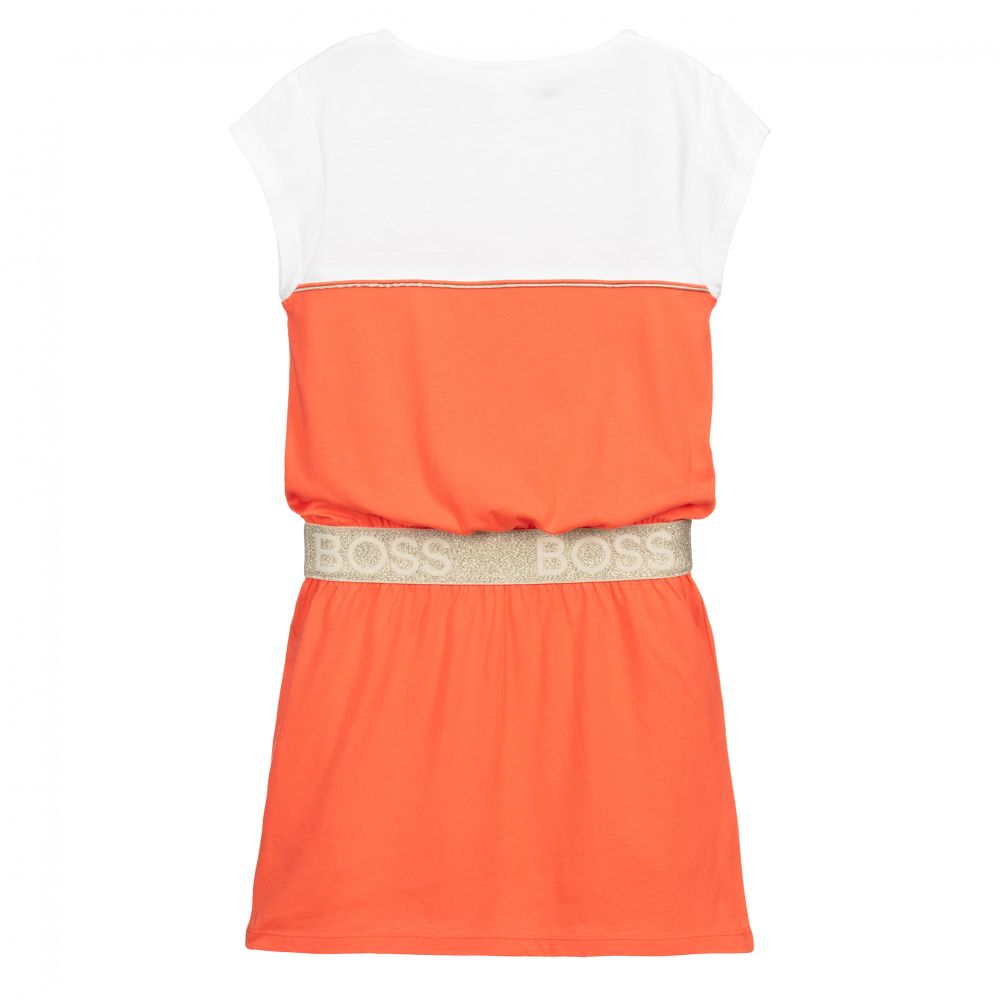 Girls White & Orange Logo Dress