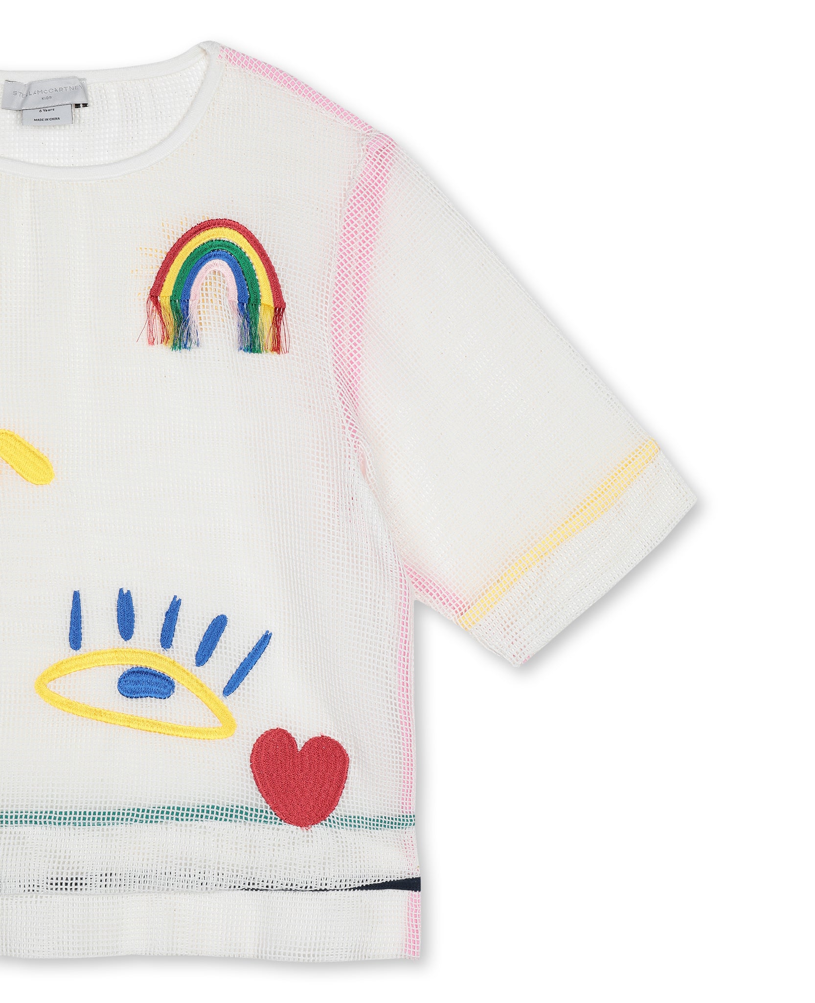 Girls White Mesh Embroidered Cotton T-shirt