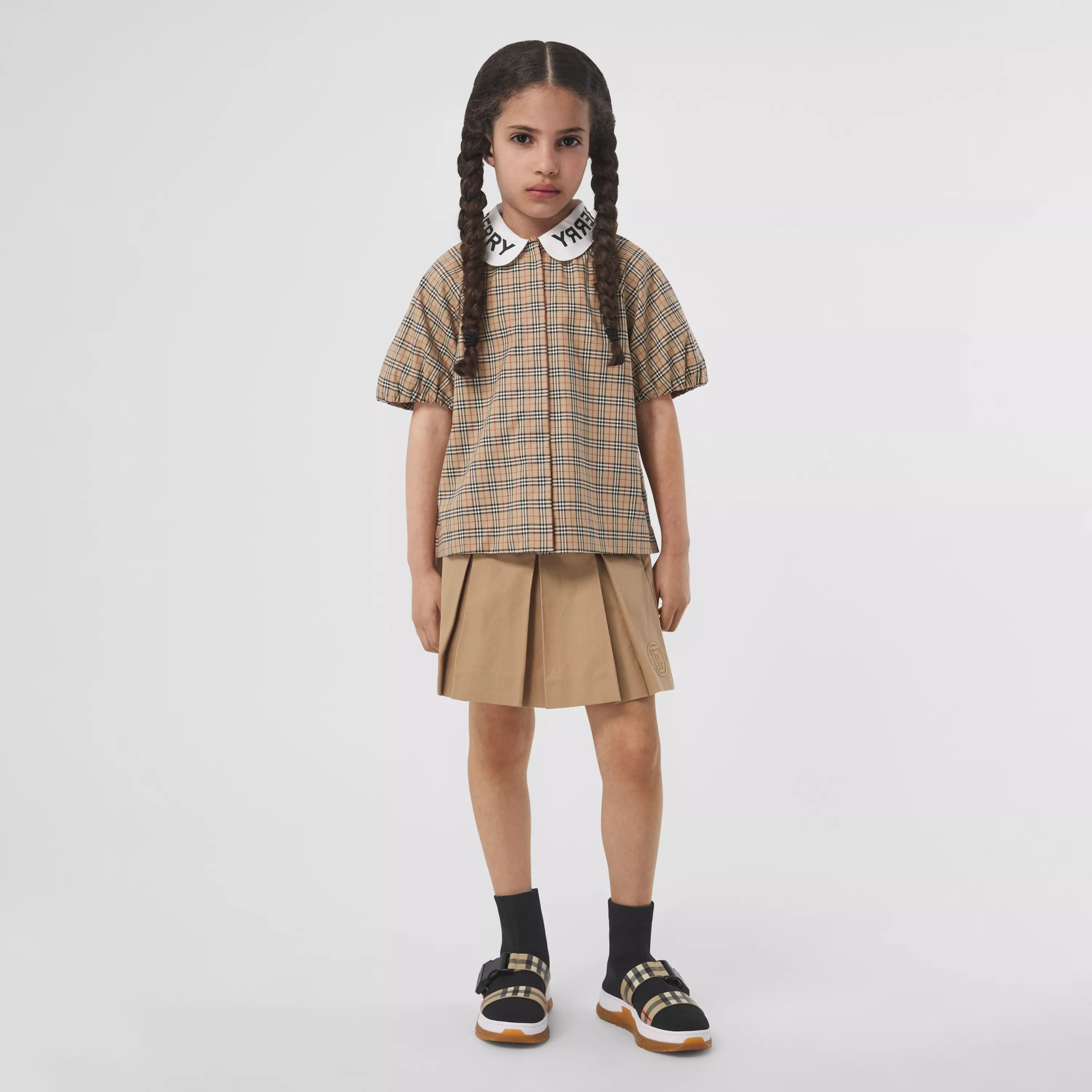 Girls Beige Check Cotton Shirt