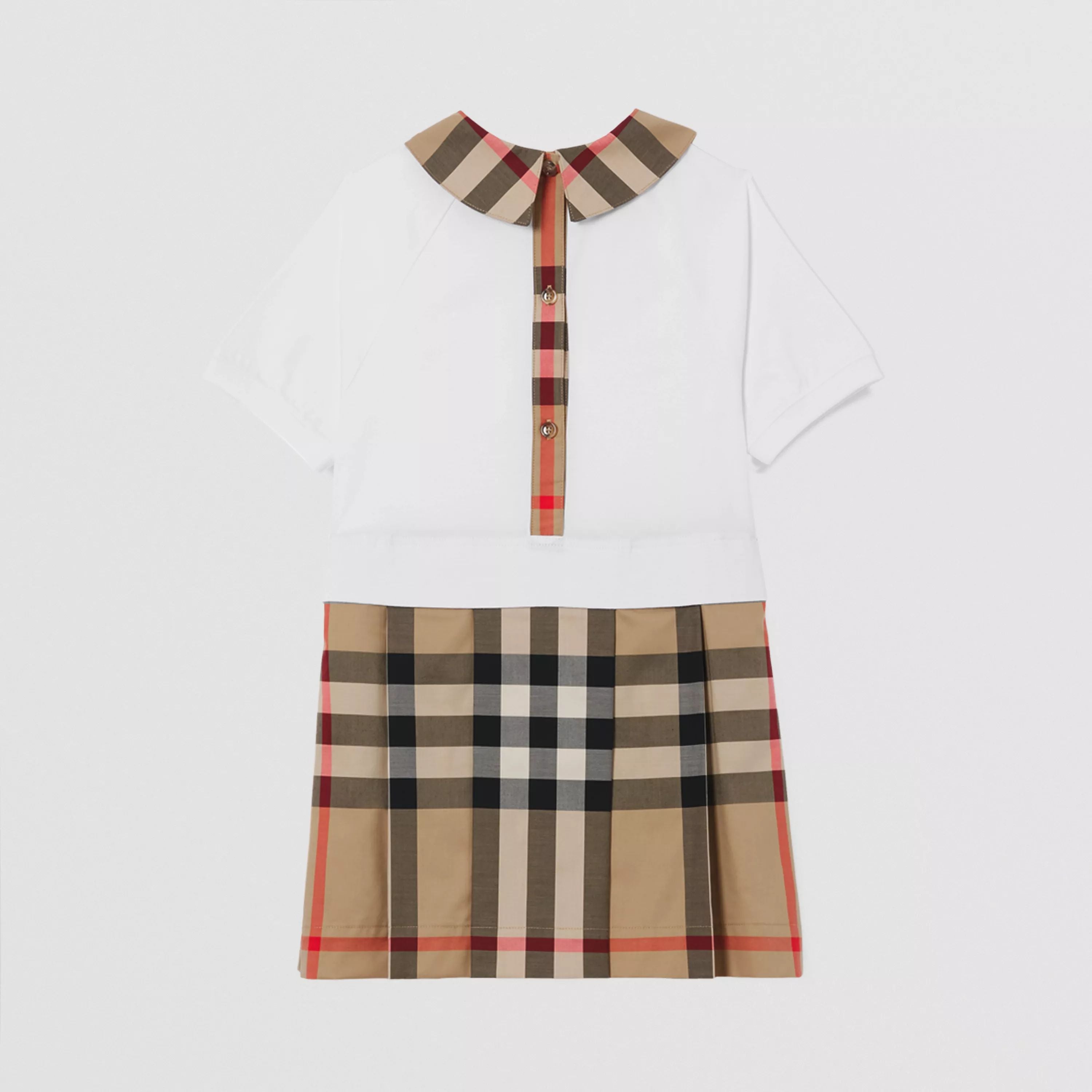 Girls White & Beige Check Cotton Dress