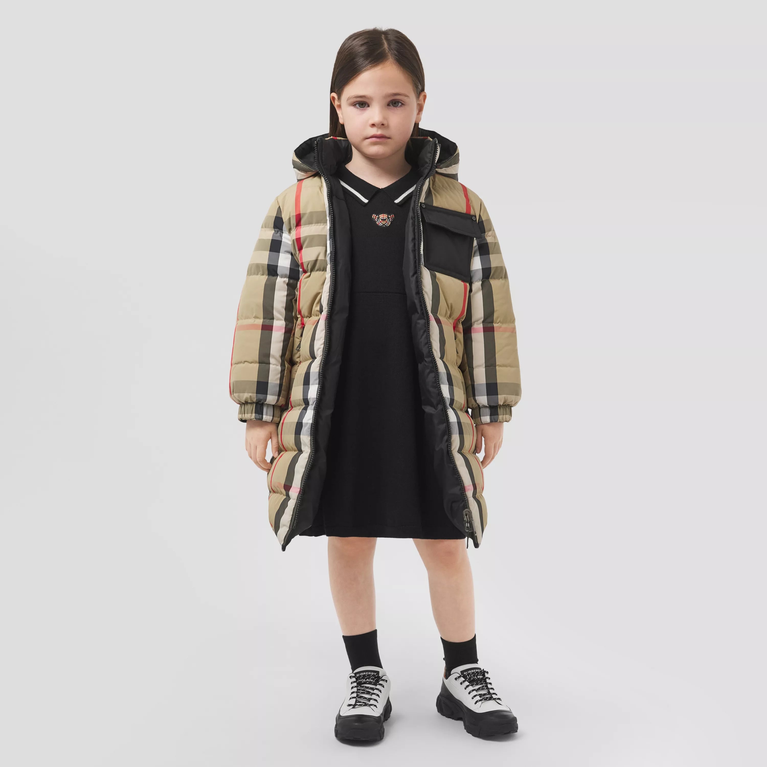 Girls Beige Check Padded Down Reversible Coat