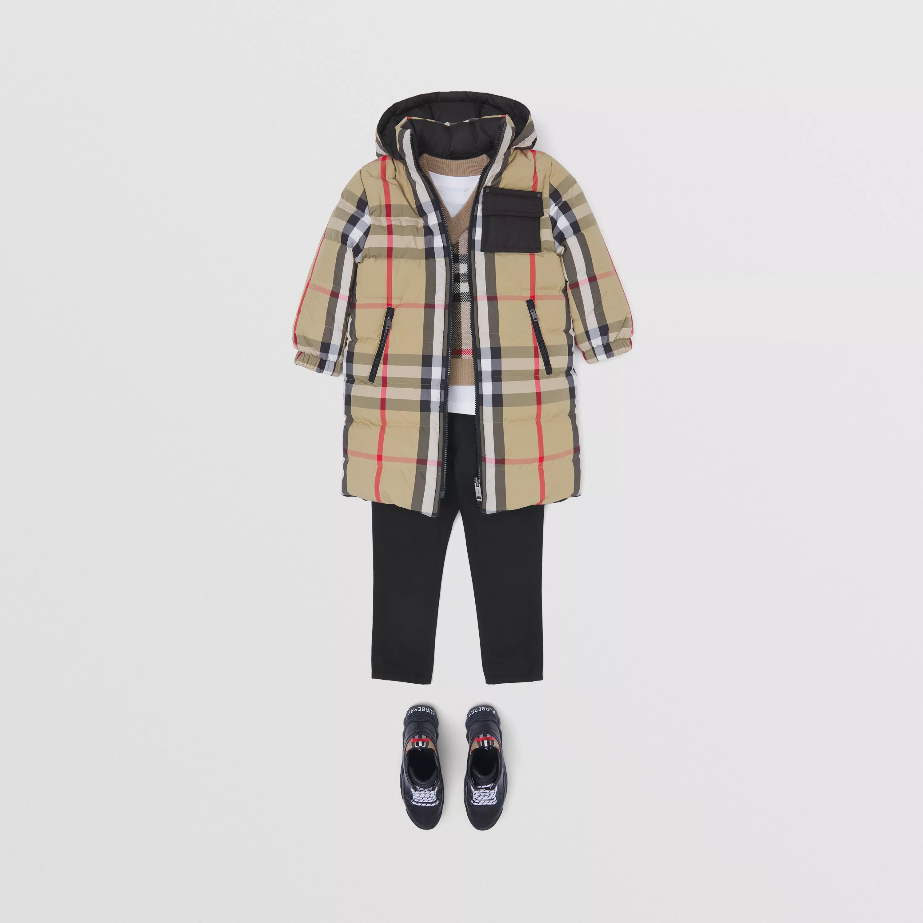 Girls Beige Check Padded Down Reversible Coat