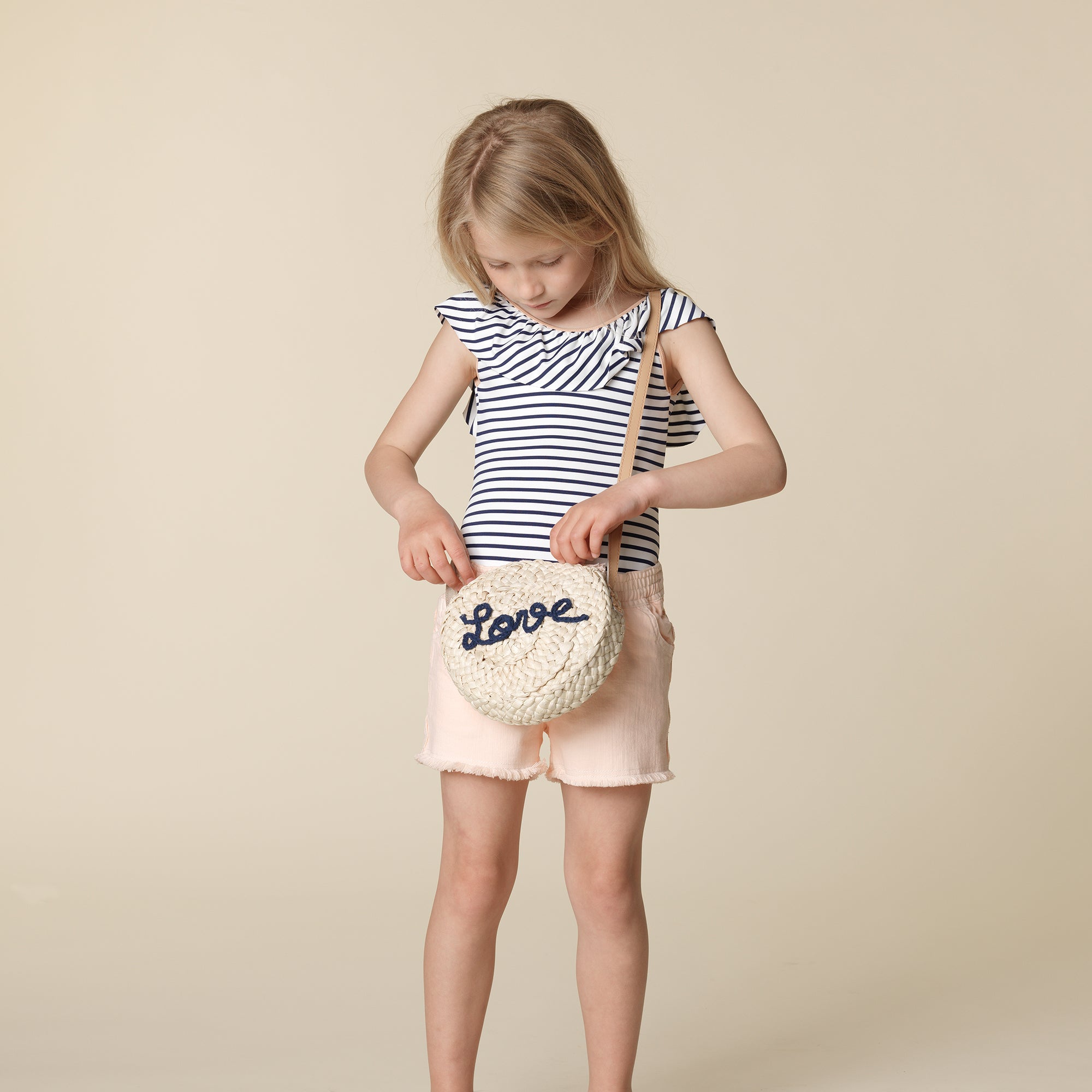 Girls Beige "Love" Paille Bag