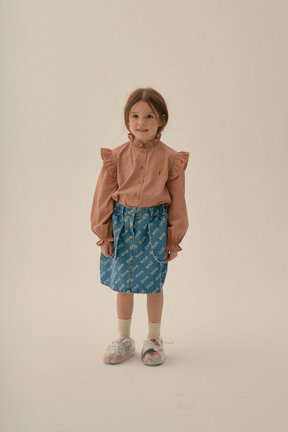 Girls Light Brown Frilled Cotton Shirt