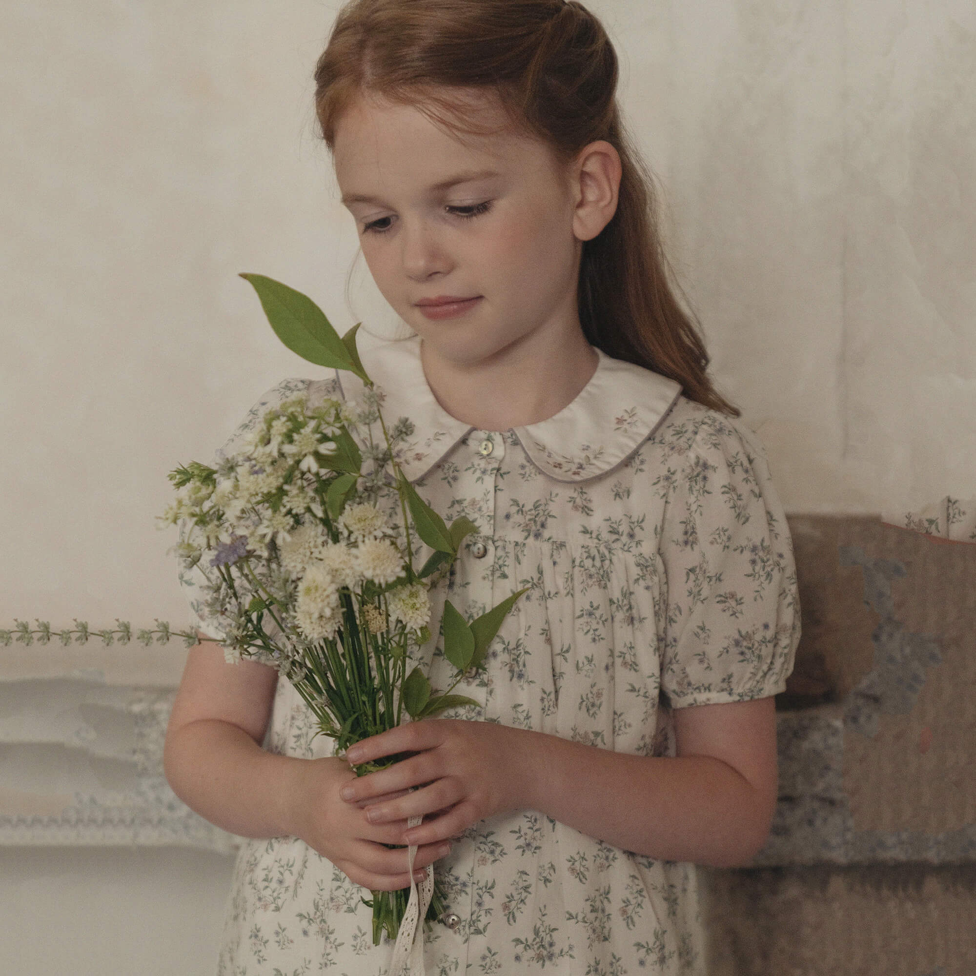 Girls Green Floral Cotton Dress