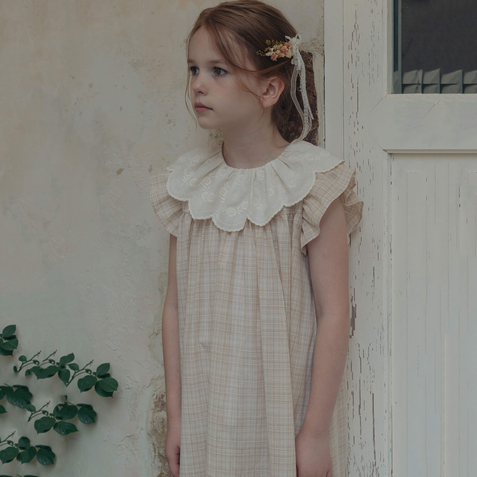 Girls Beige Pink Check Cotton Dress