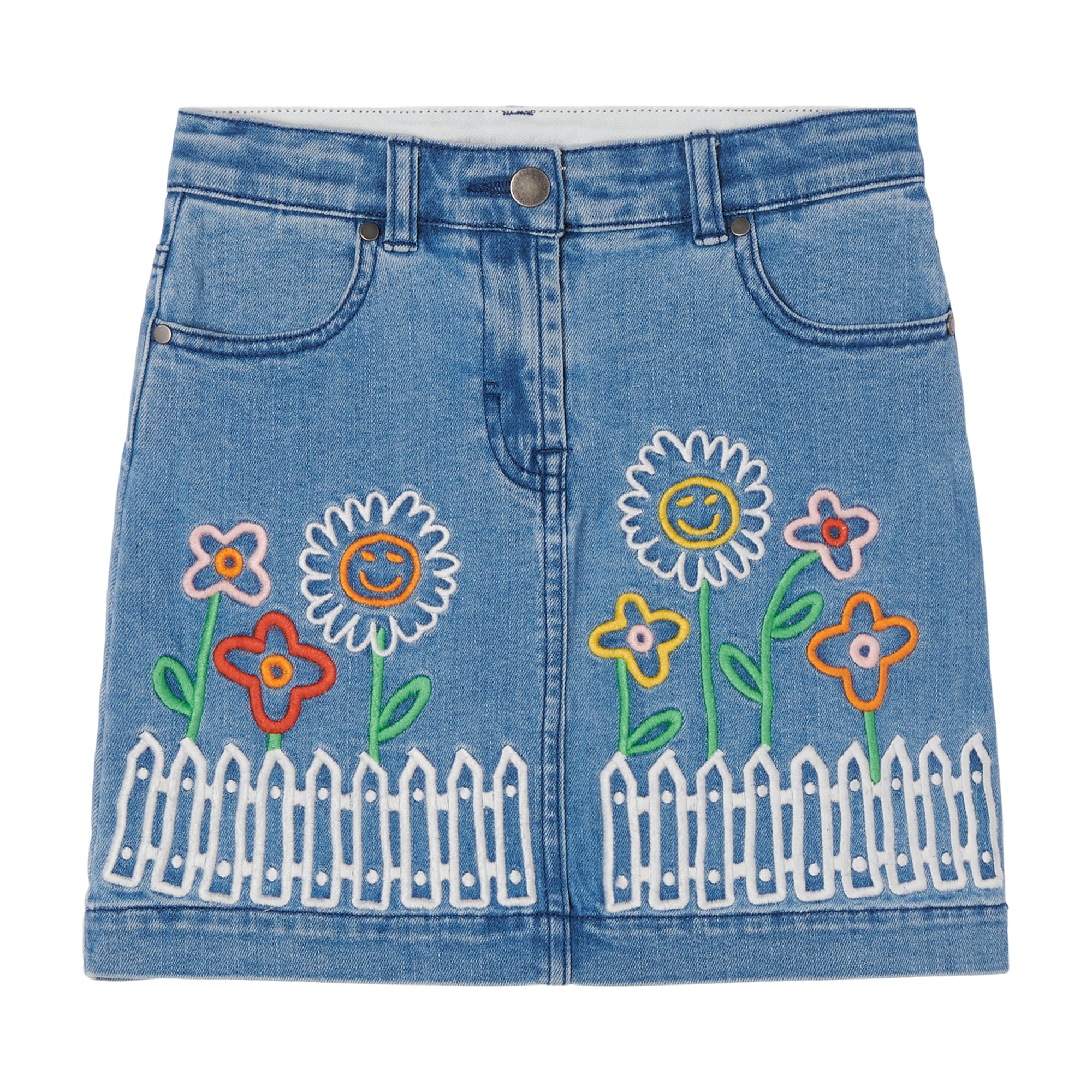 Girls Blue Embroidered Denim Skirt