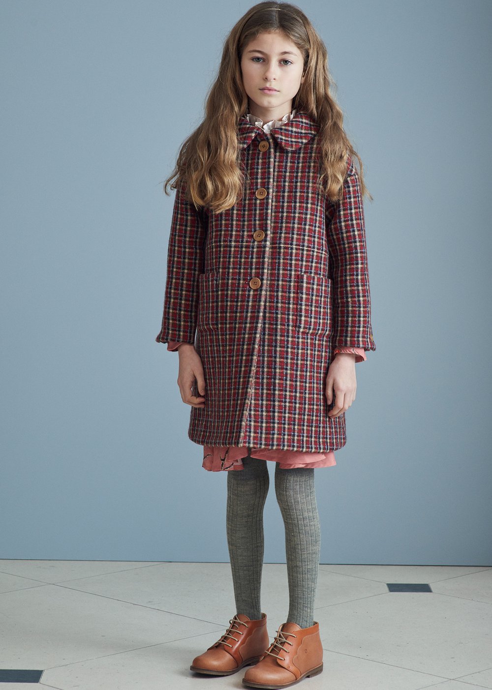Girls Red Check Wool Coat
