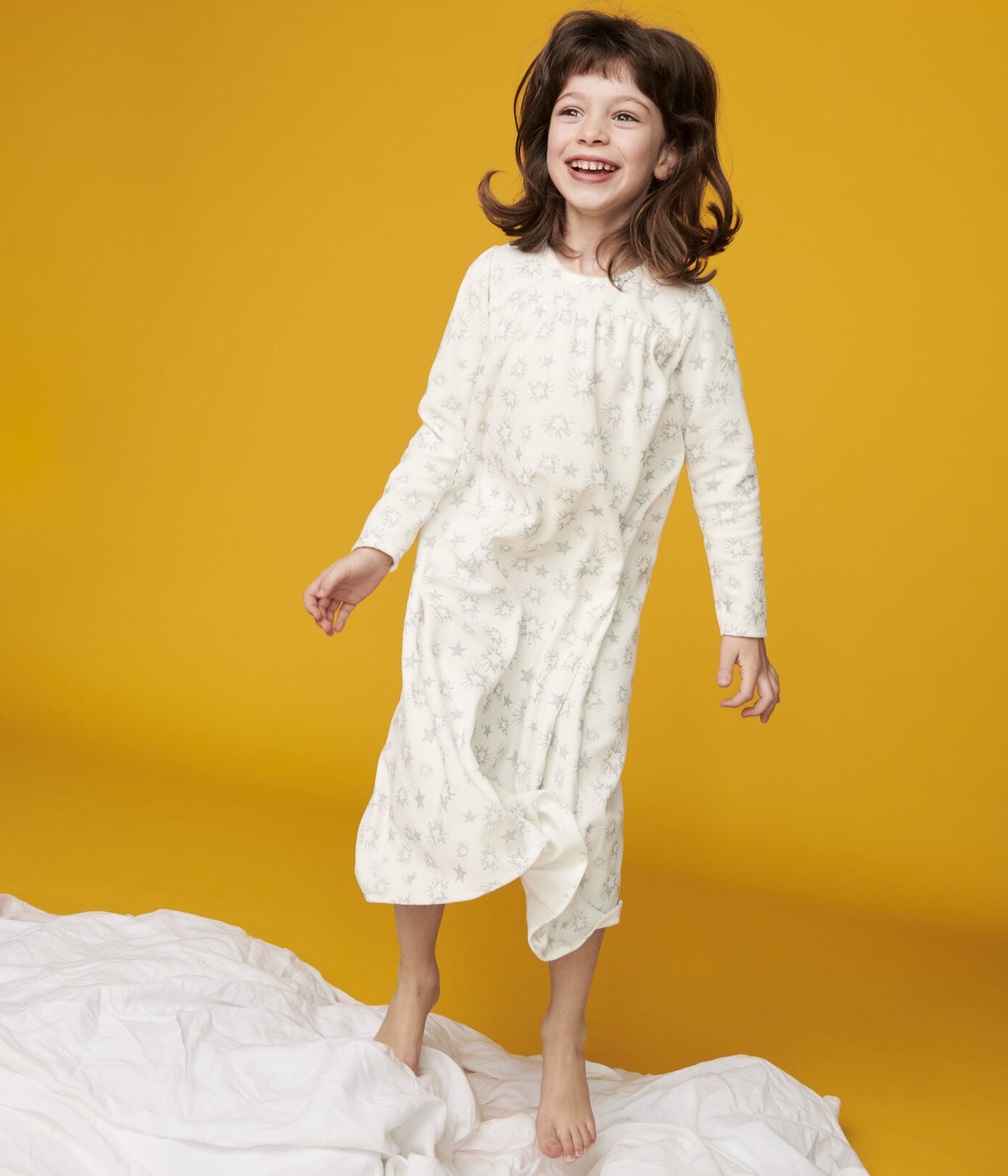 Girls White Printed Cotton Nightwear Dress