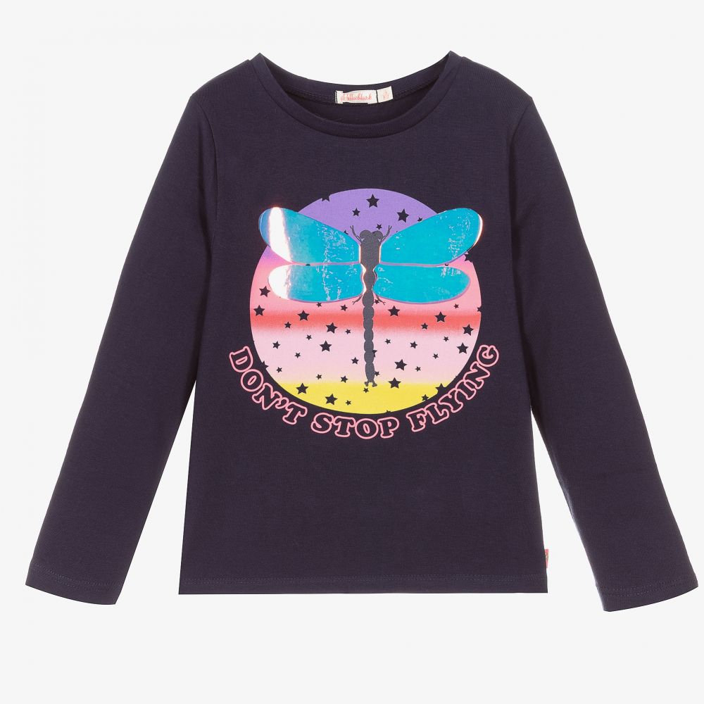Girls Navy Printed Cotton T-Shirt