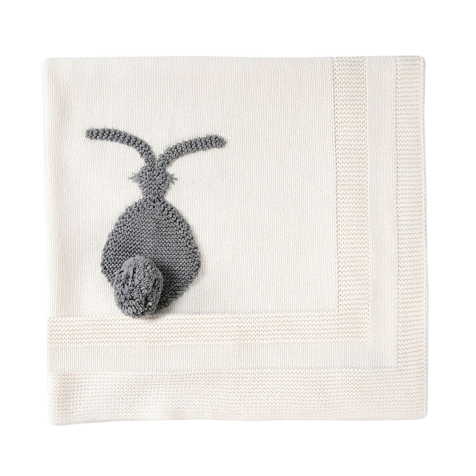 Baby White Cotton Knitted Blanket With Bunny Patch Trims - CÉMAROSE | Children's Fashion Store