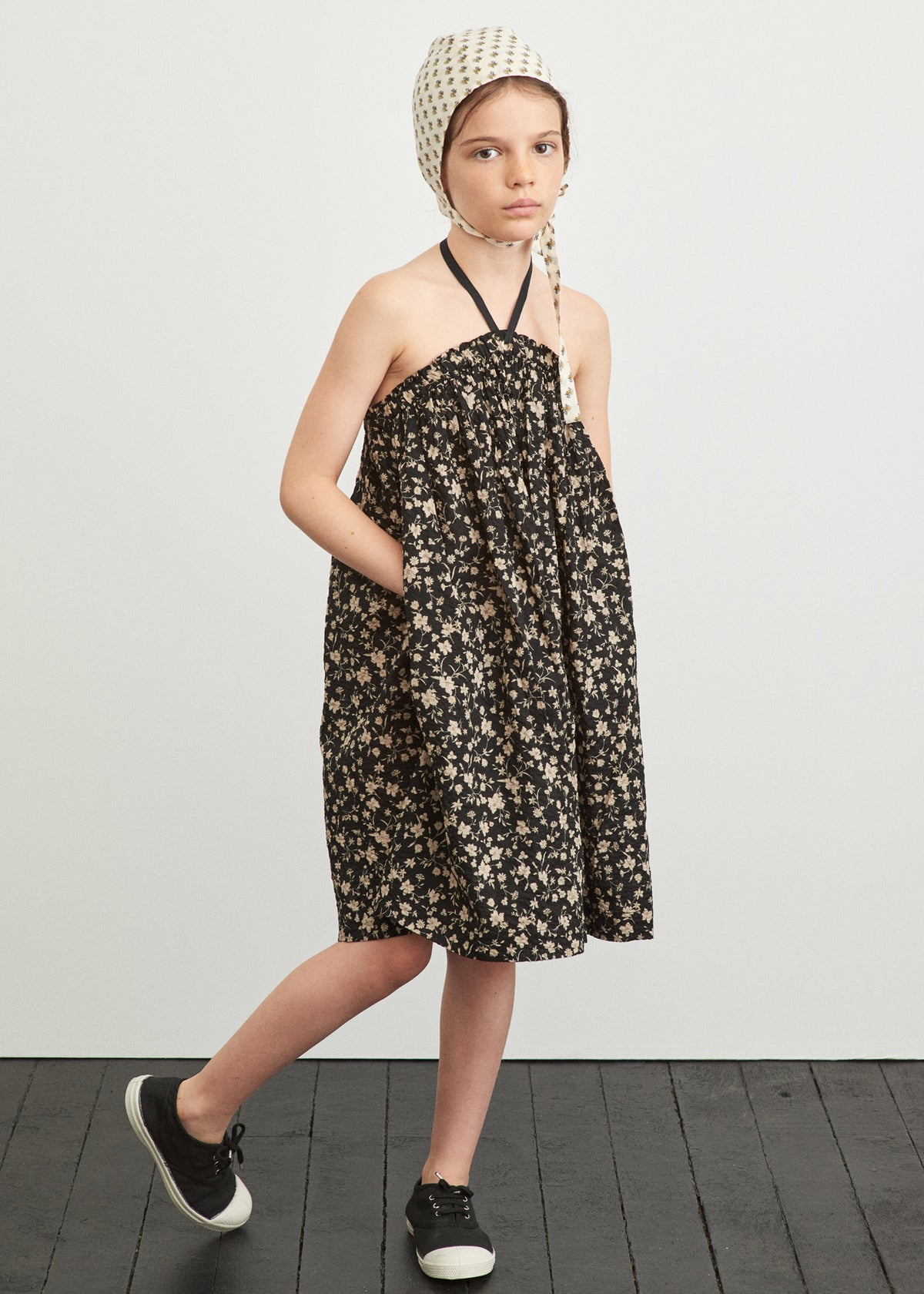 Girls Black Floral Cotton Dress