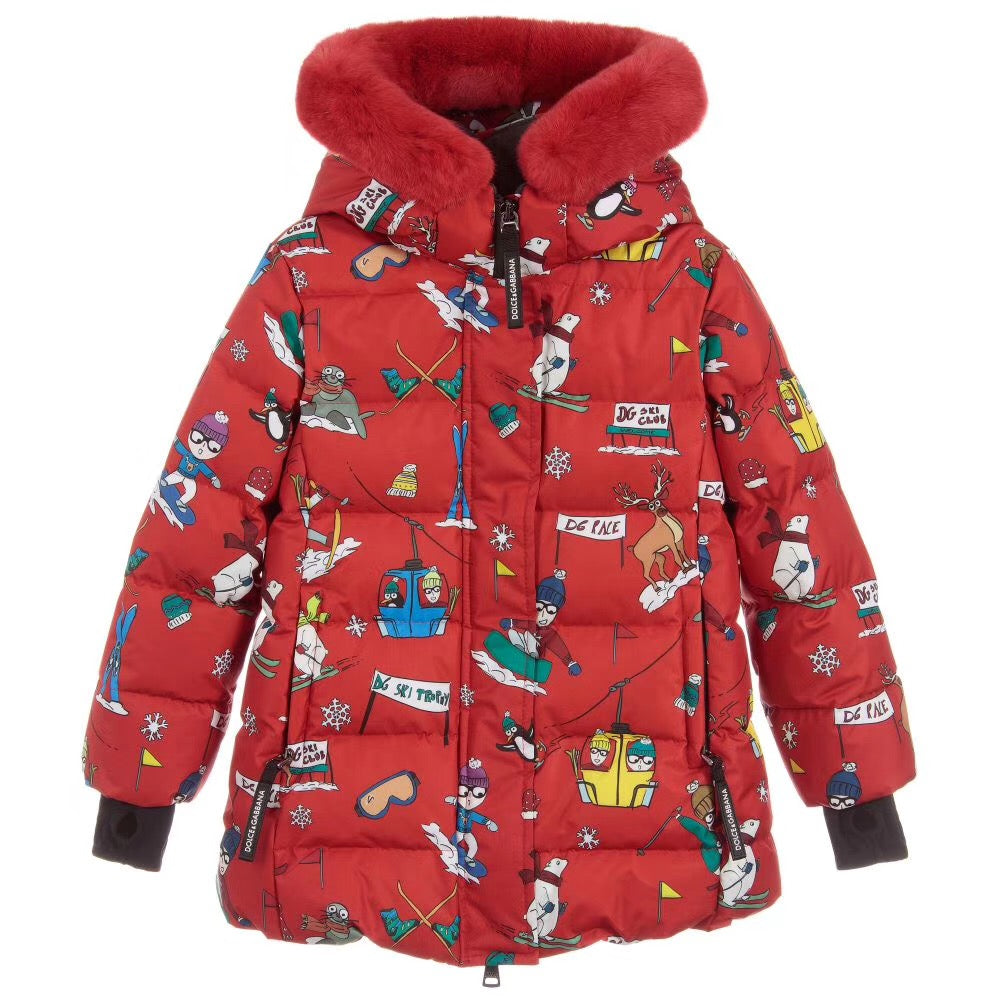 Girls Red Printed Down Jacket