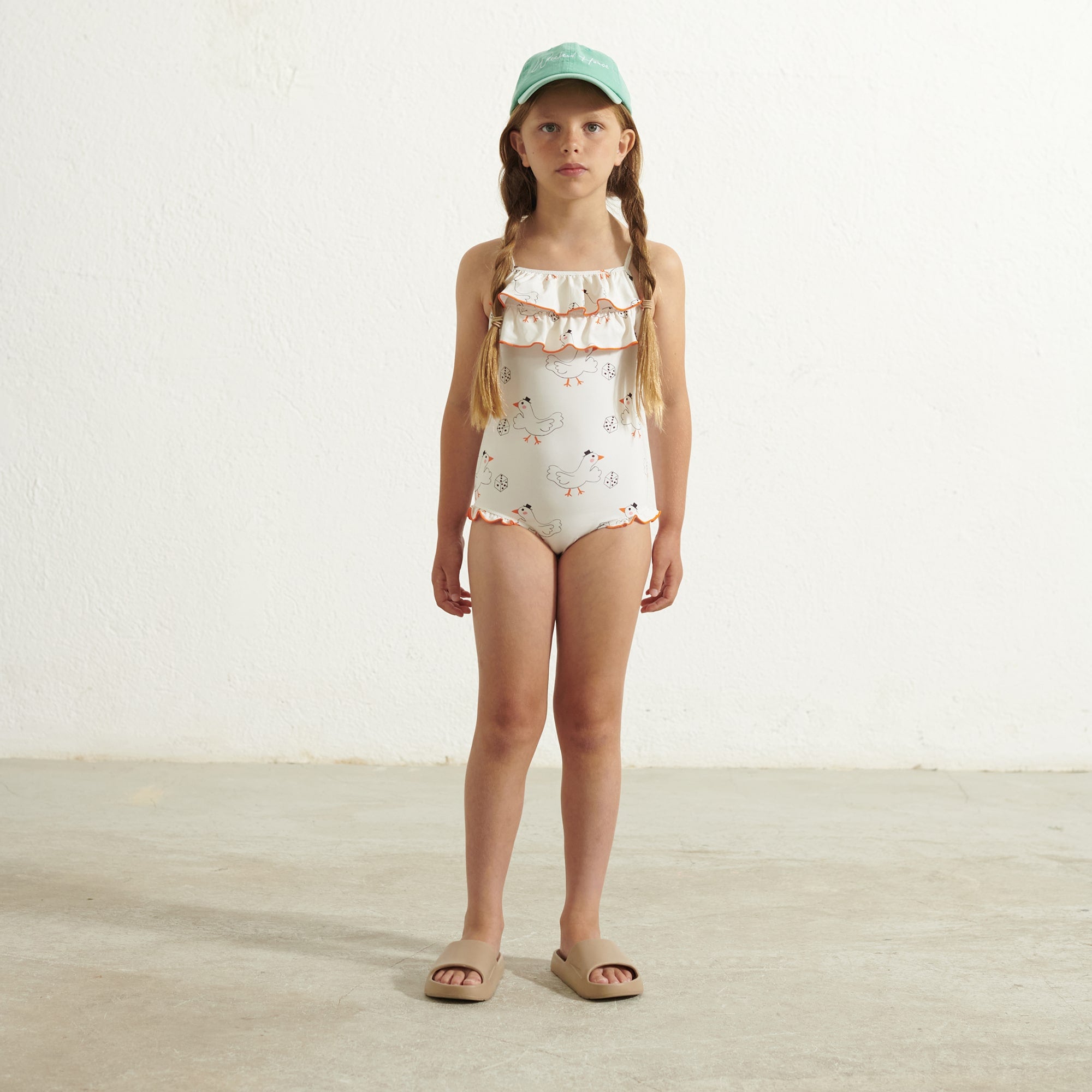 Girls White Printed Swimsuit