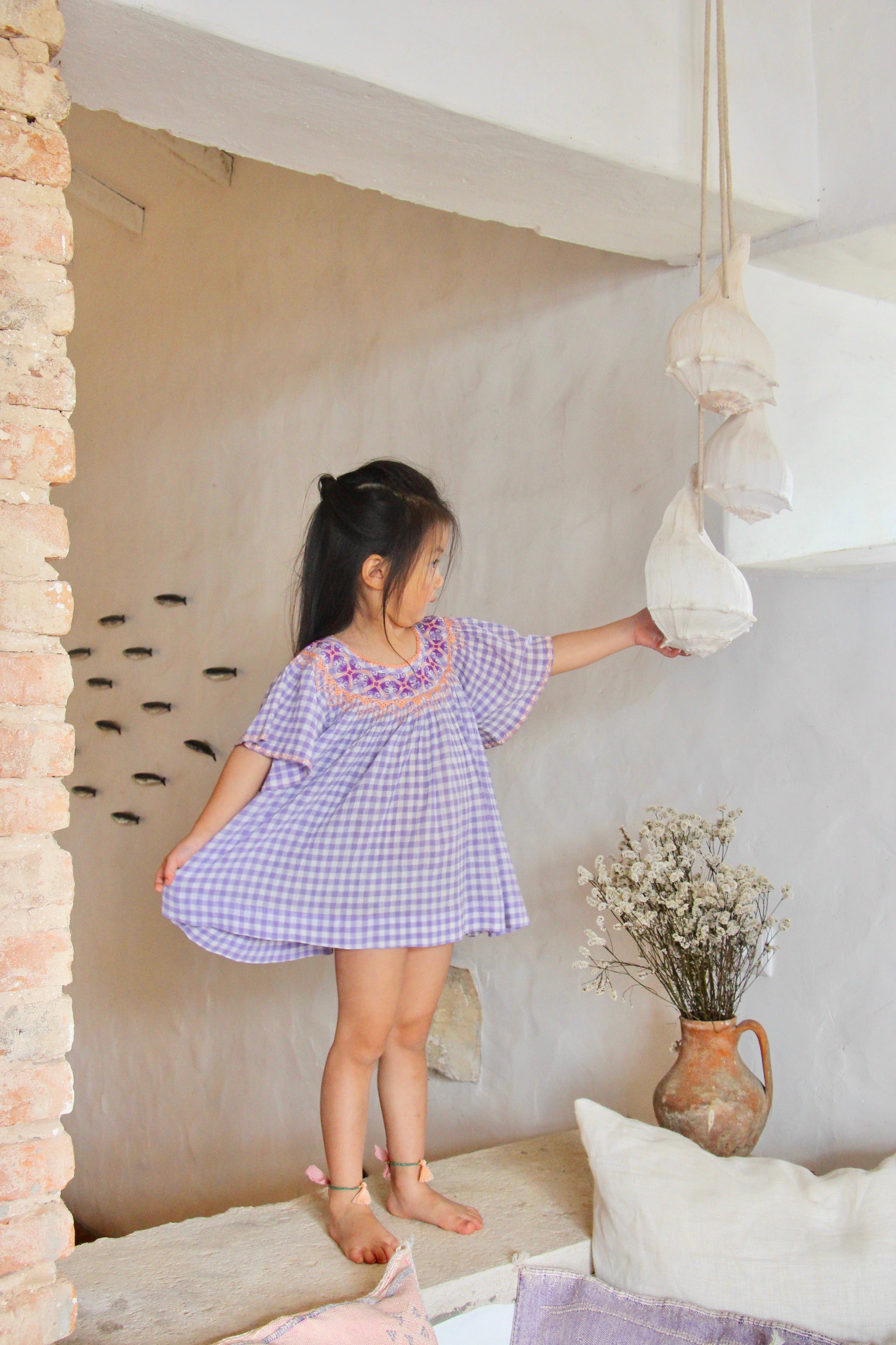 Girls Purple Check Embroidery Dress