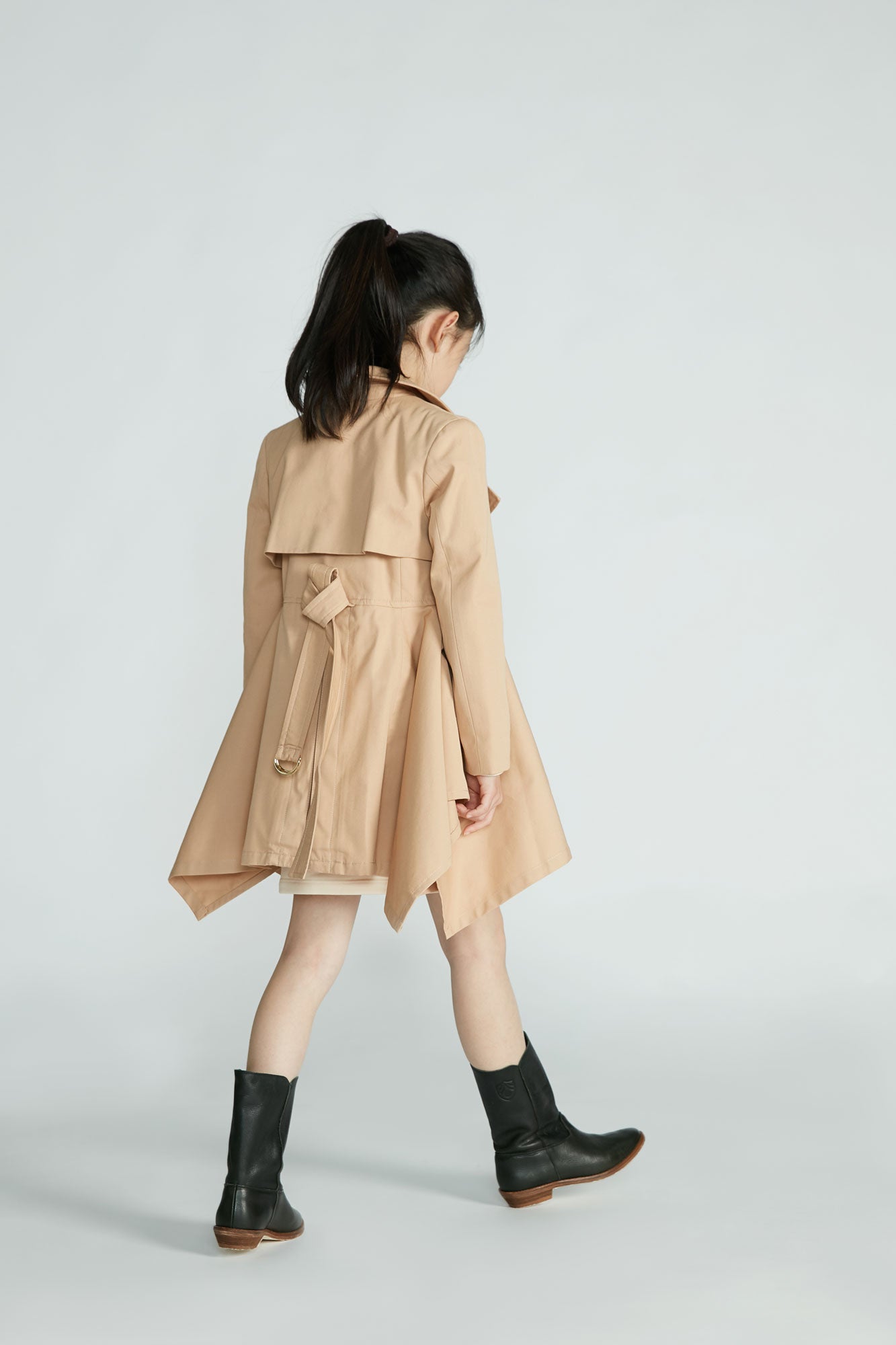 Girls Beige Belt Cotton Coat