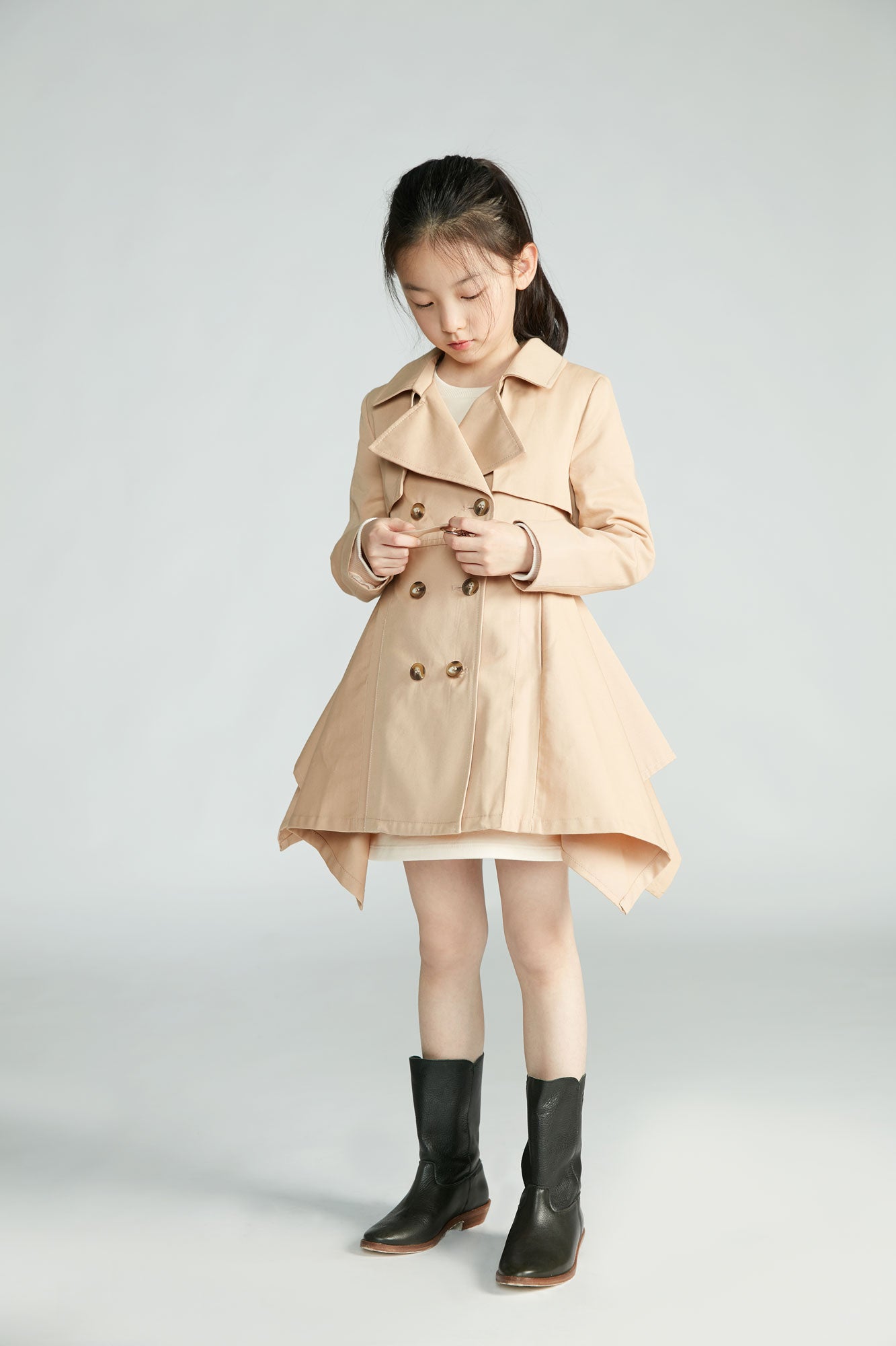 Girls Beige Belt Cotton Coat