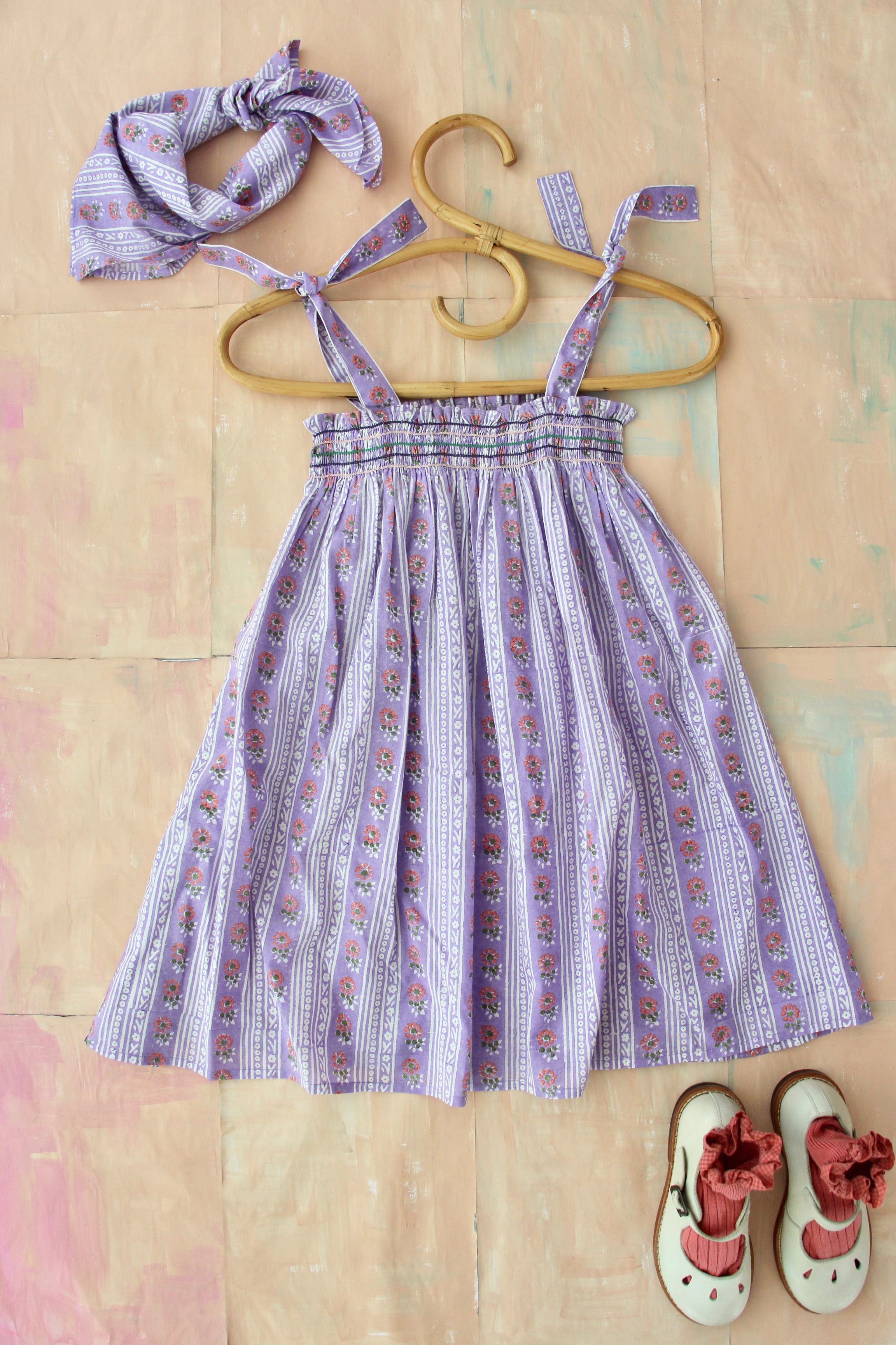 Girls Purple Floral Dress & Scarf Set