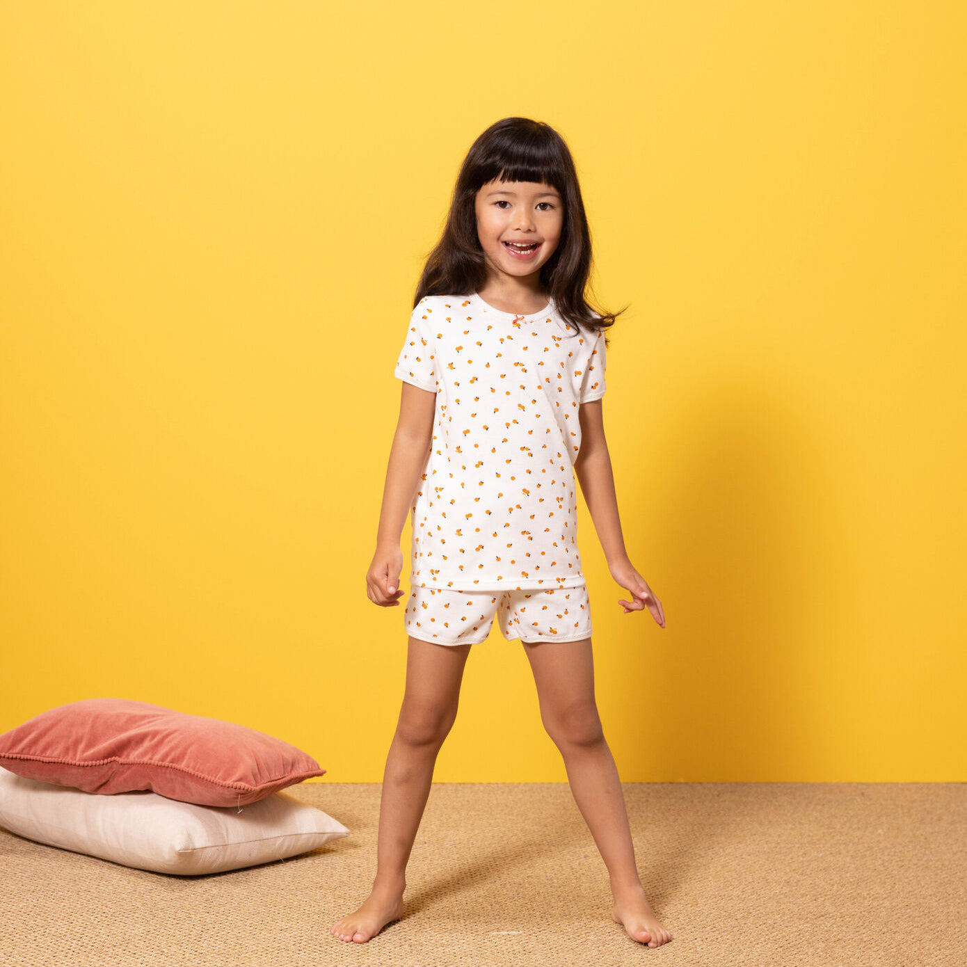 Girls White Orange Printed Cotton Nightwear Set