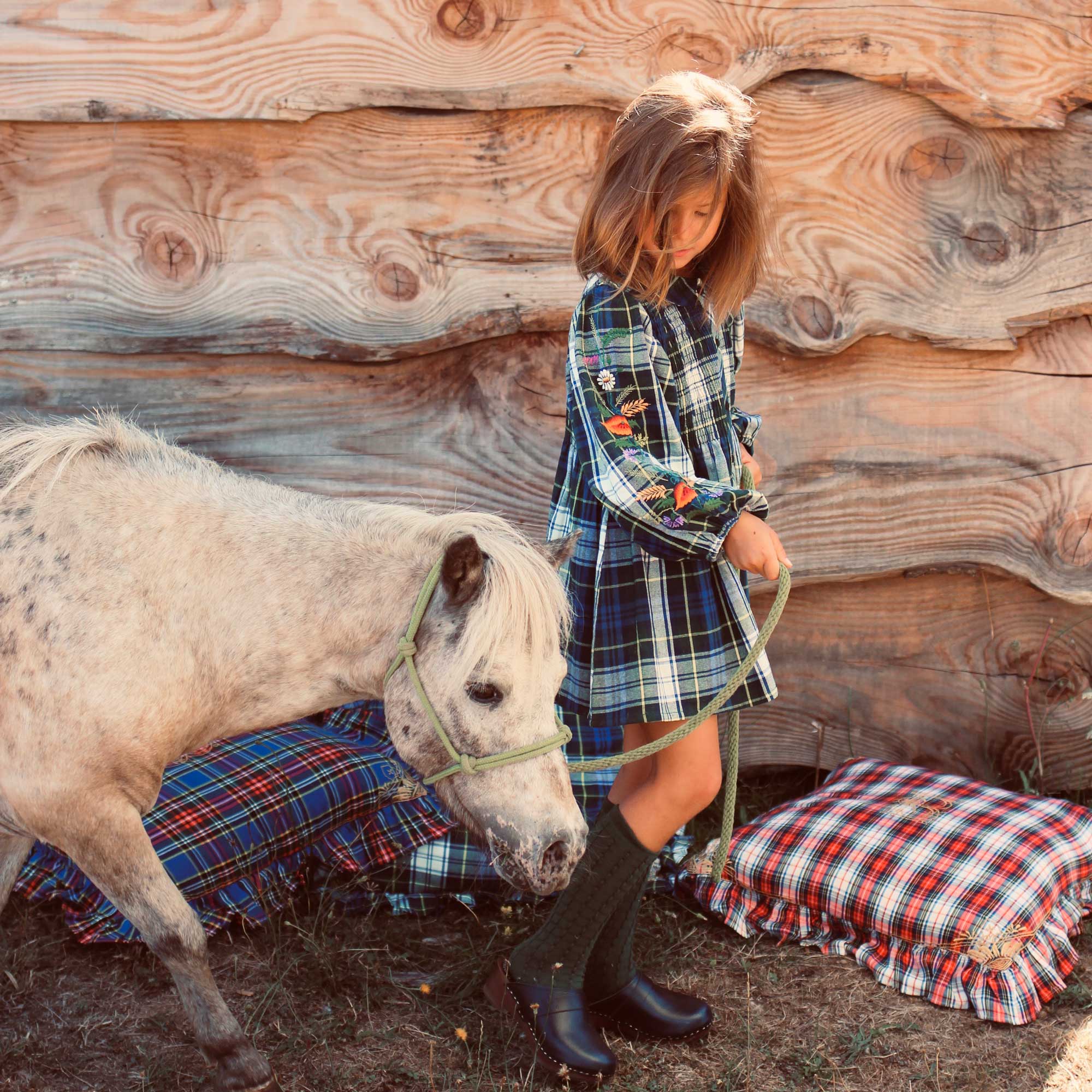 Girls Green Check Embroidered Cotton Top