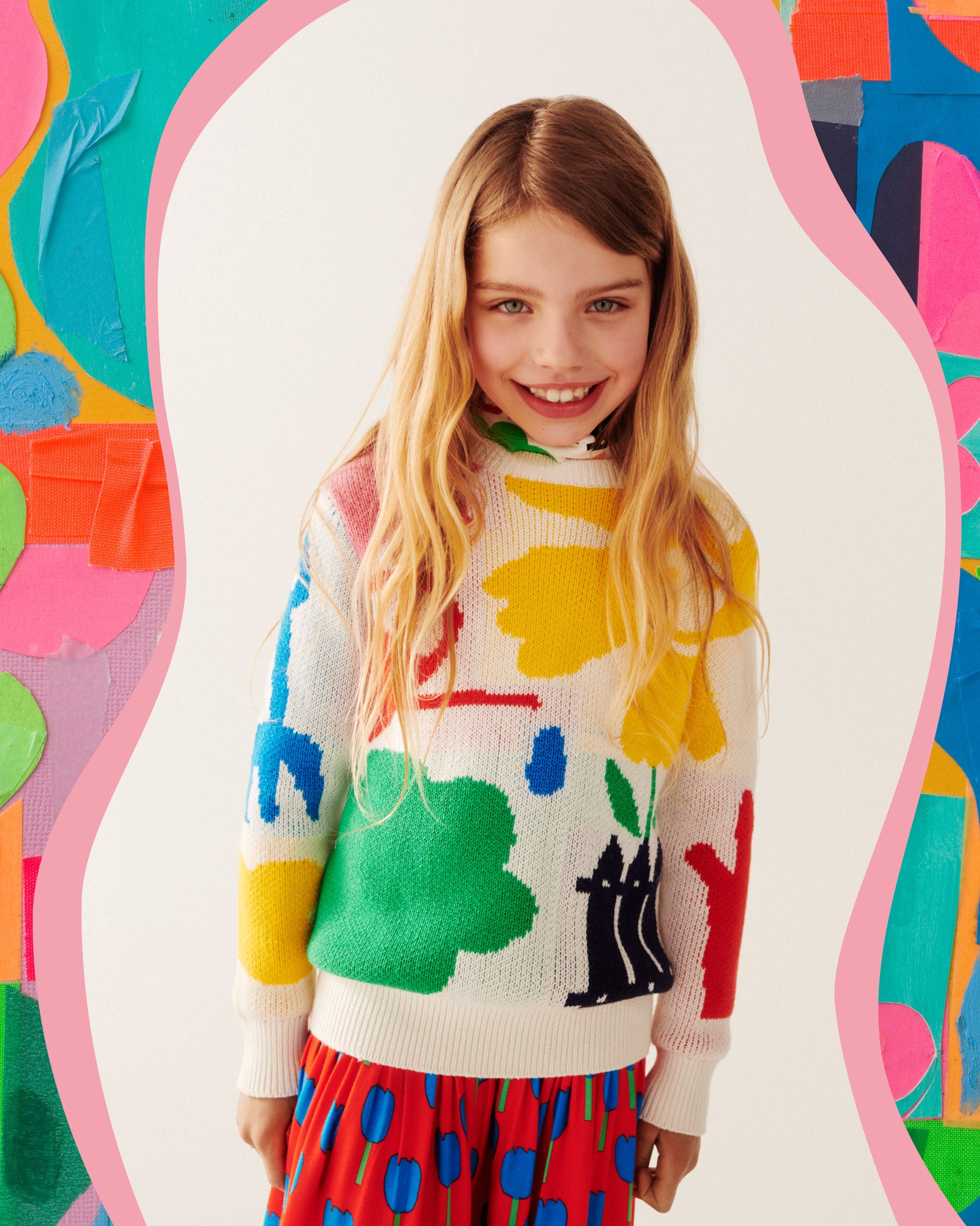 Girls White Pattern Cotton Sweater