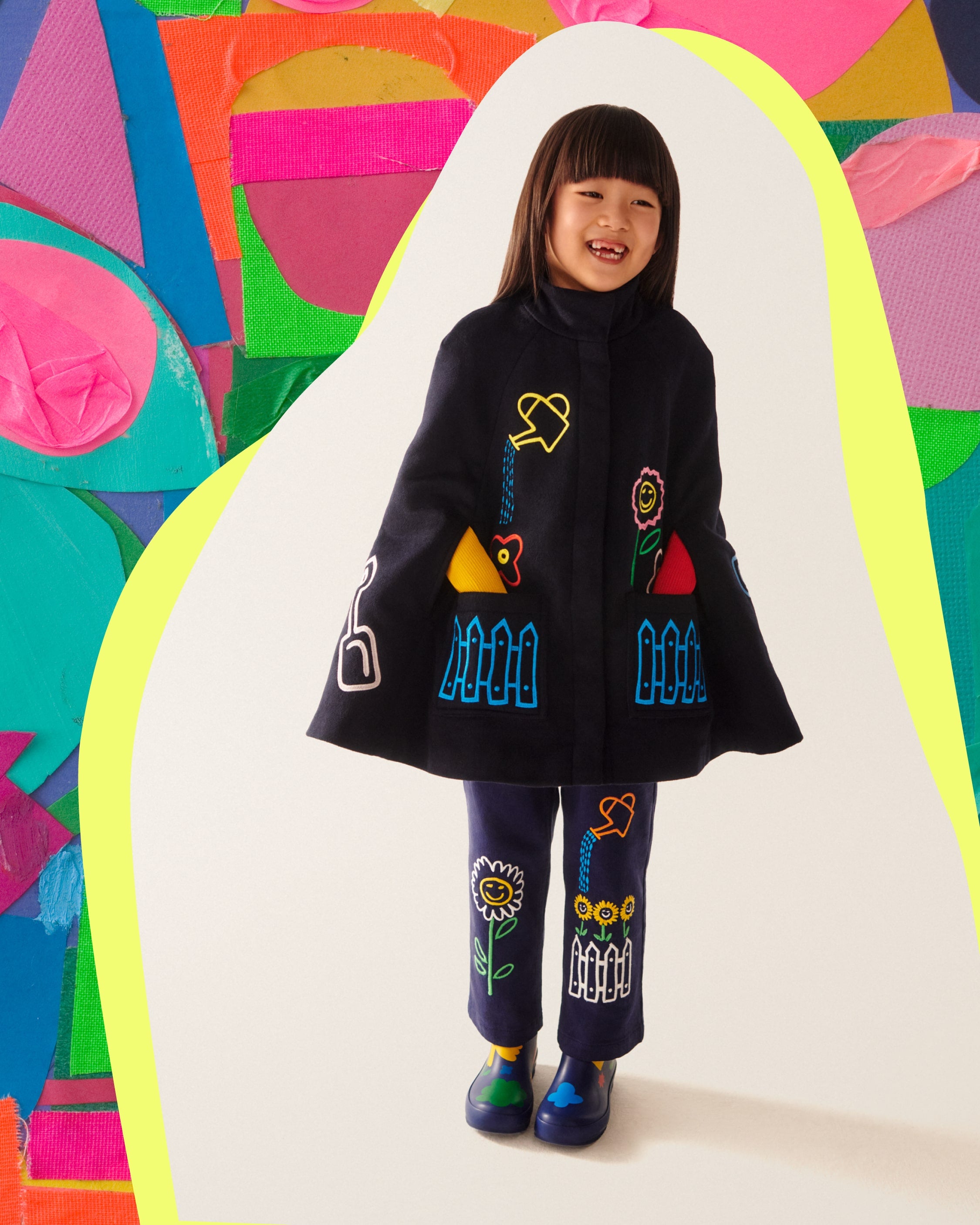 Girls Dark Navy Embroidered Wool Cape