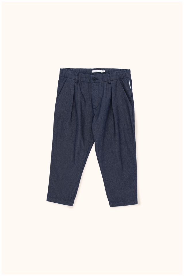Girls Navy Cotton Denim Pleated Pant