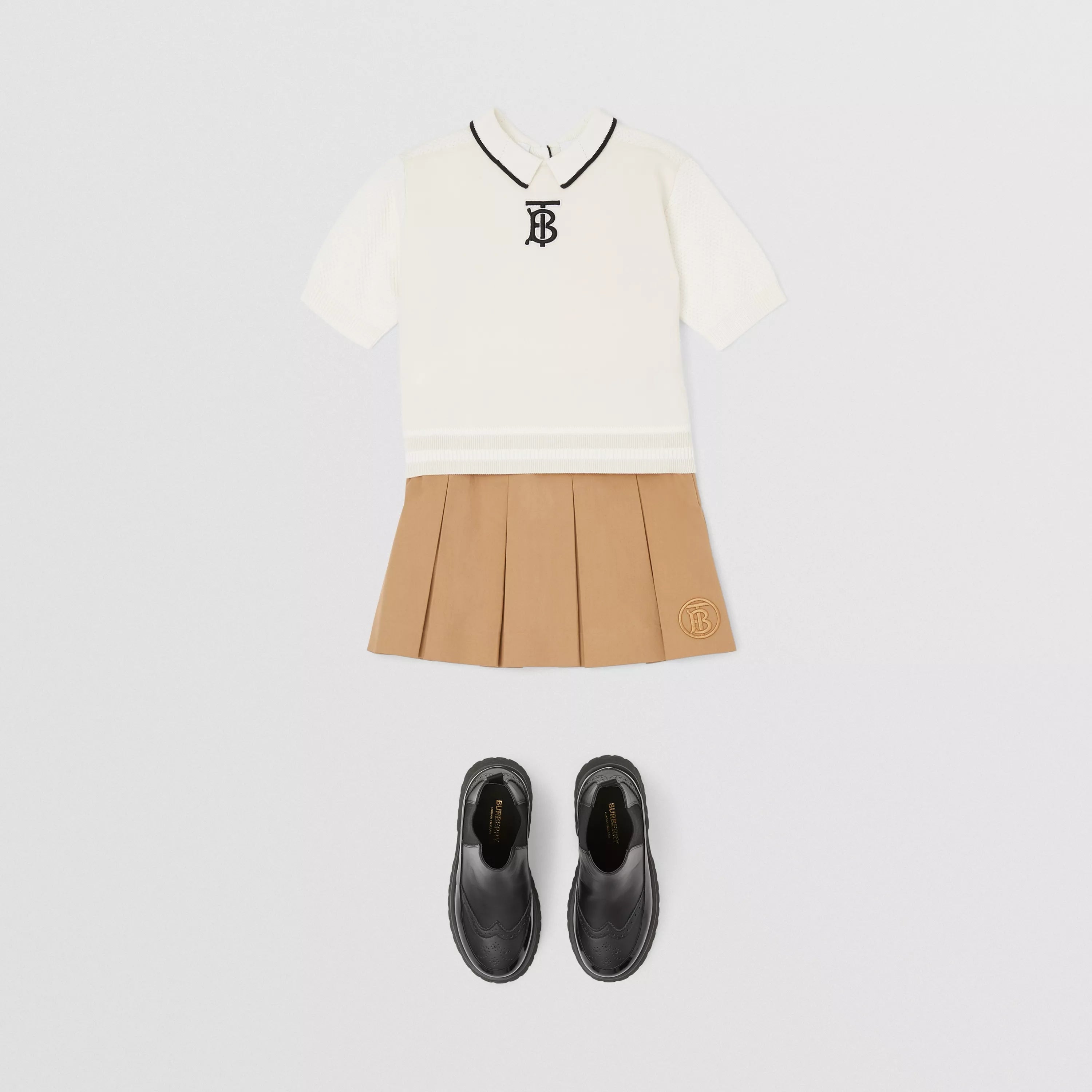 Girls Beige Logo Pleated Skirt