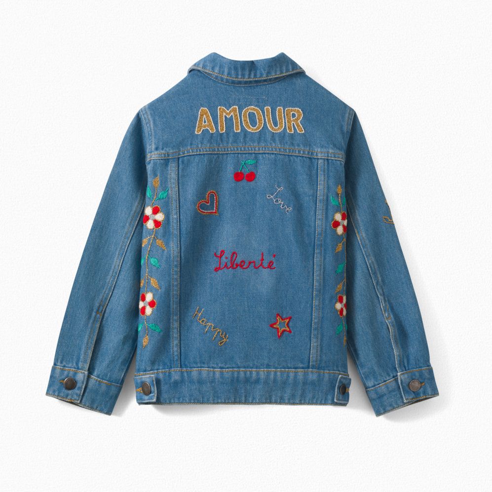 Girls Blue Embroidered Denim Jakcet