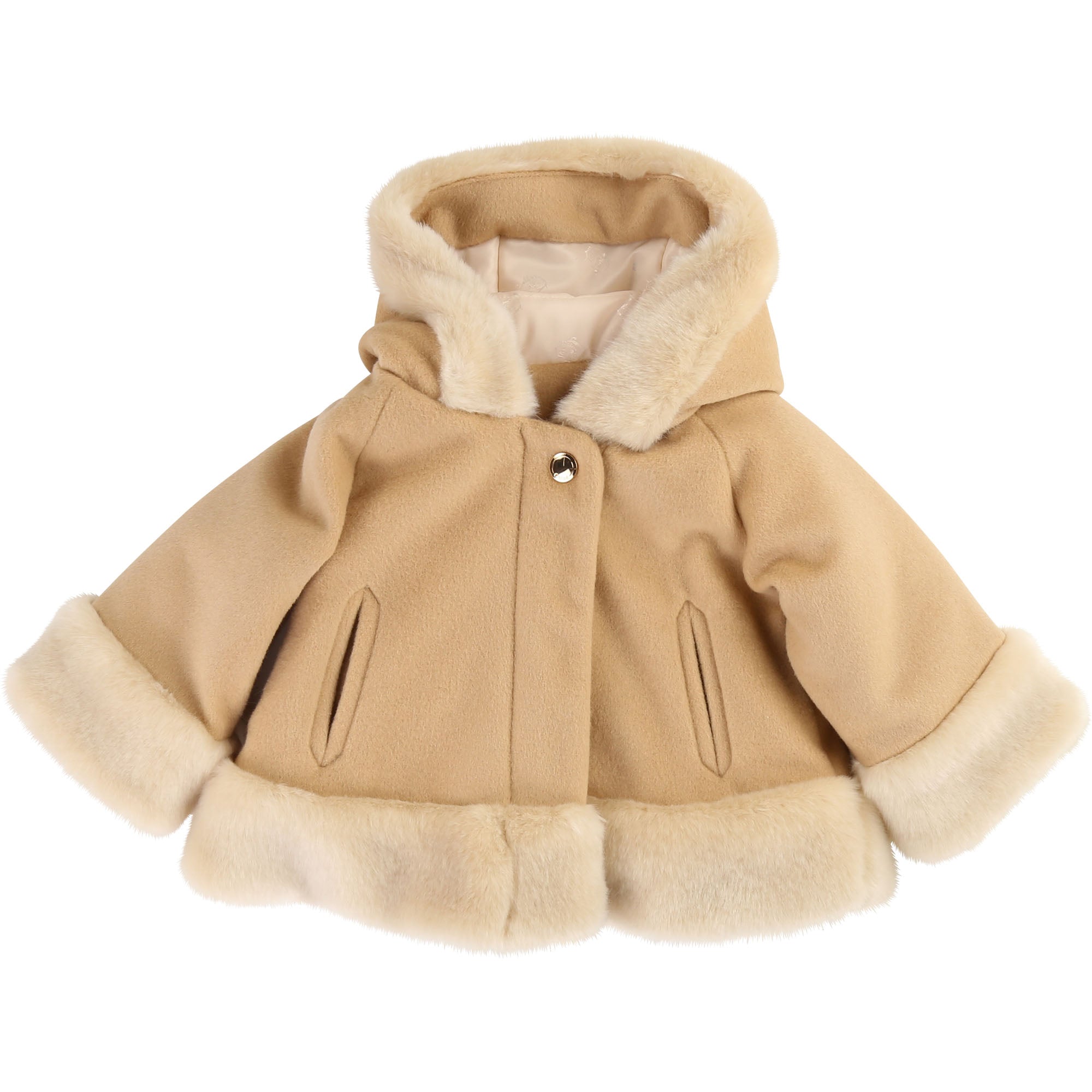 Girls Beige Hooded Wool Cape