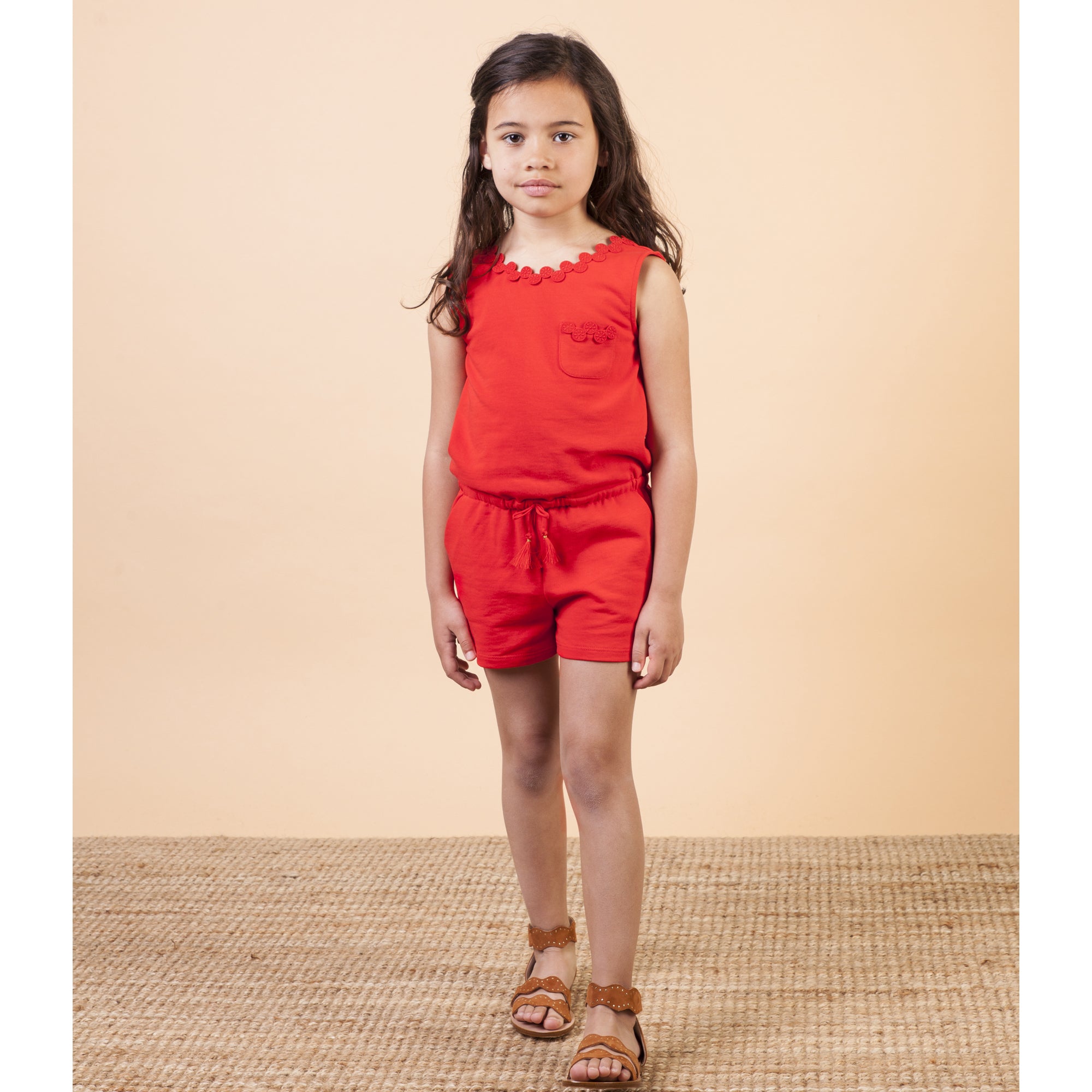 Girls Red Cotton Jumpsuit