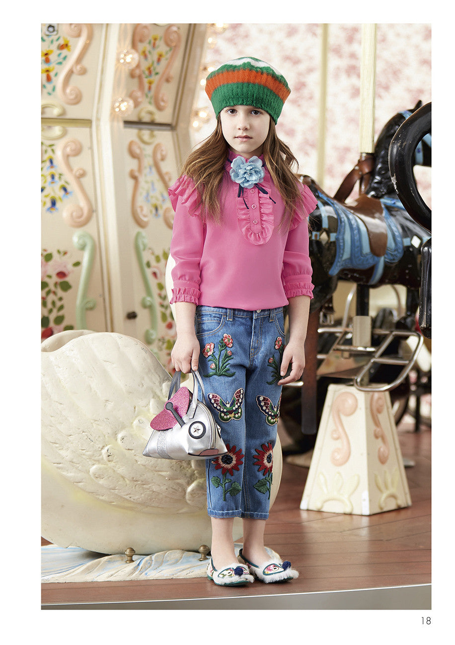Girls Blue Denim Coytton Jeans With Embroidered Flower Trims - CÉMAROSE | Children's Fashion Store - 2