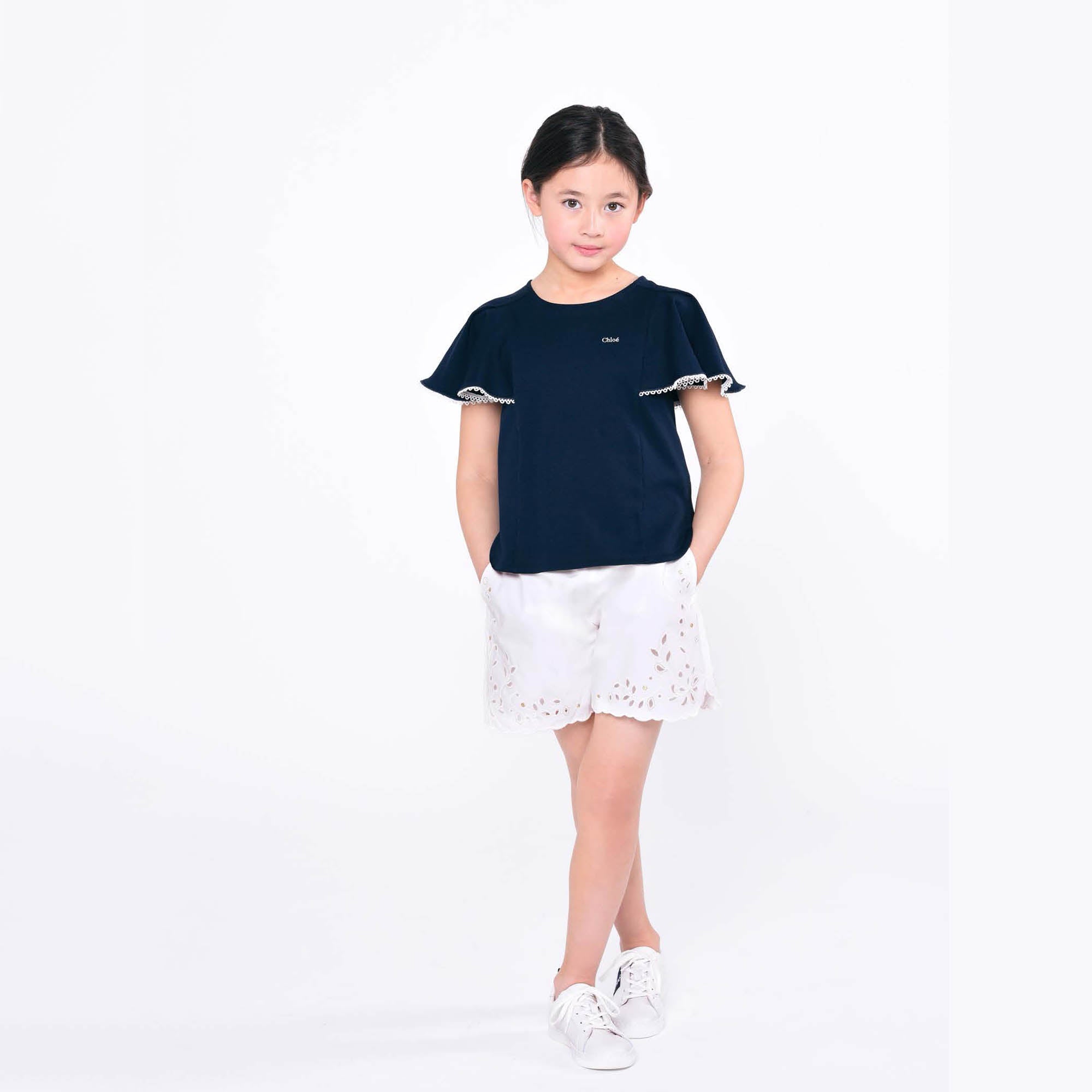 Girls Blue Ruffled Cotton T-Shirt