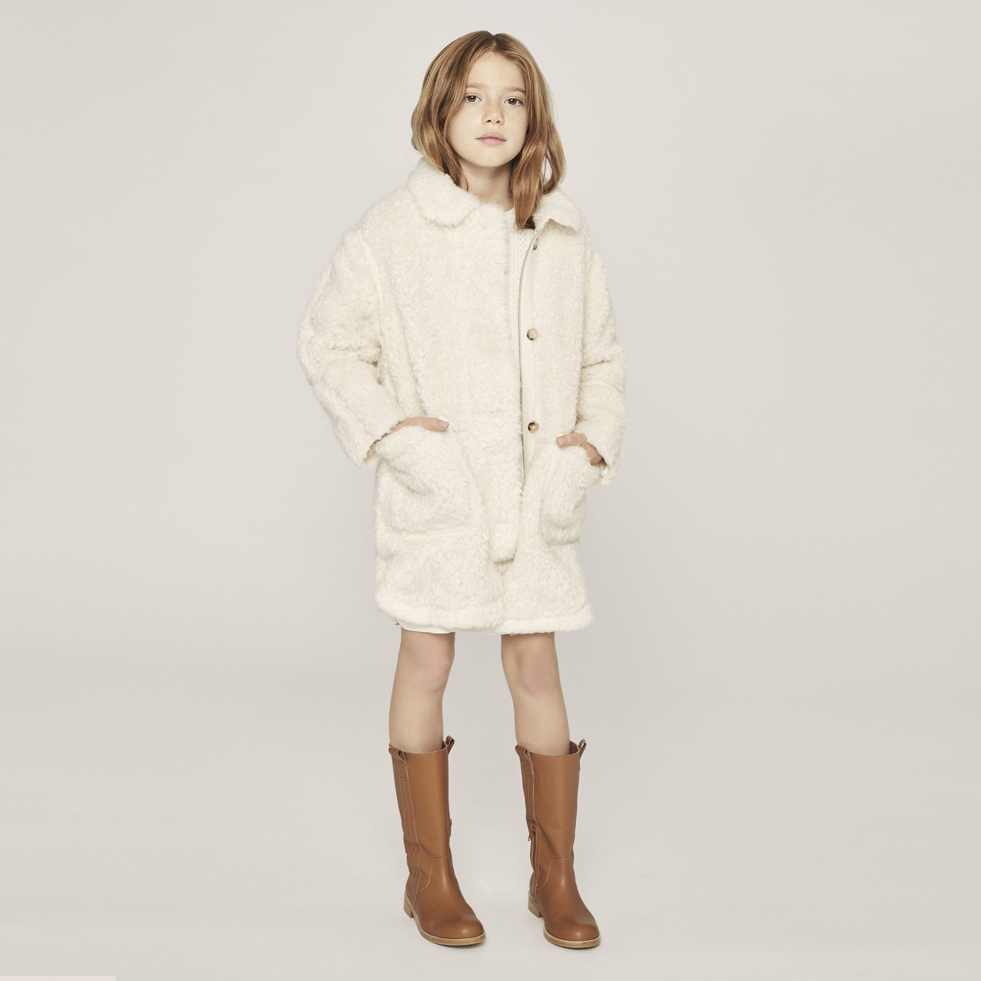 Girls Ivory Faux Fur Coat