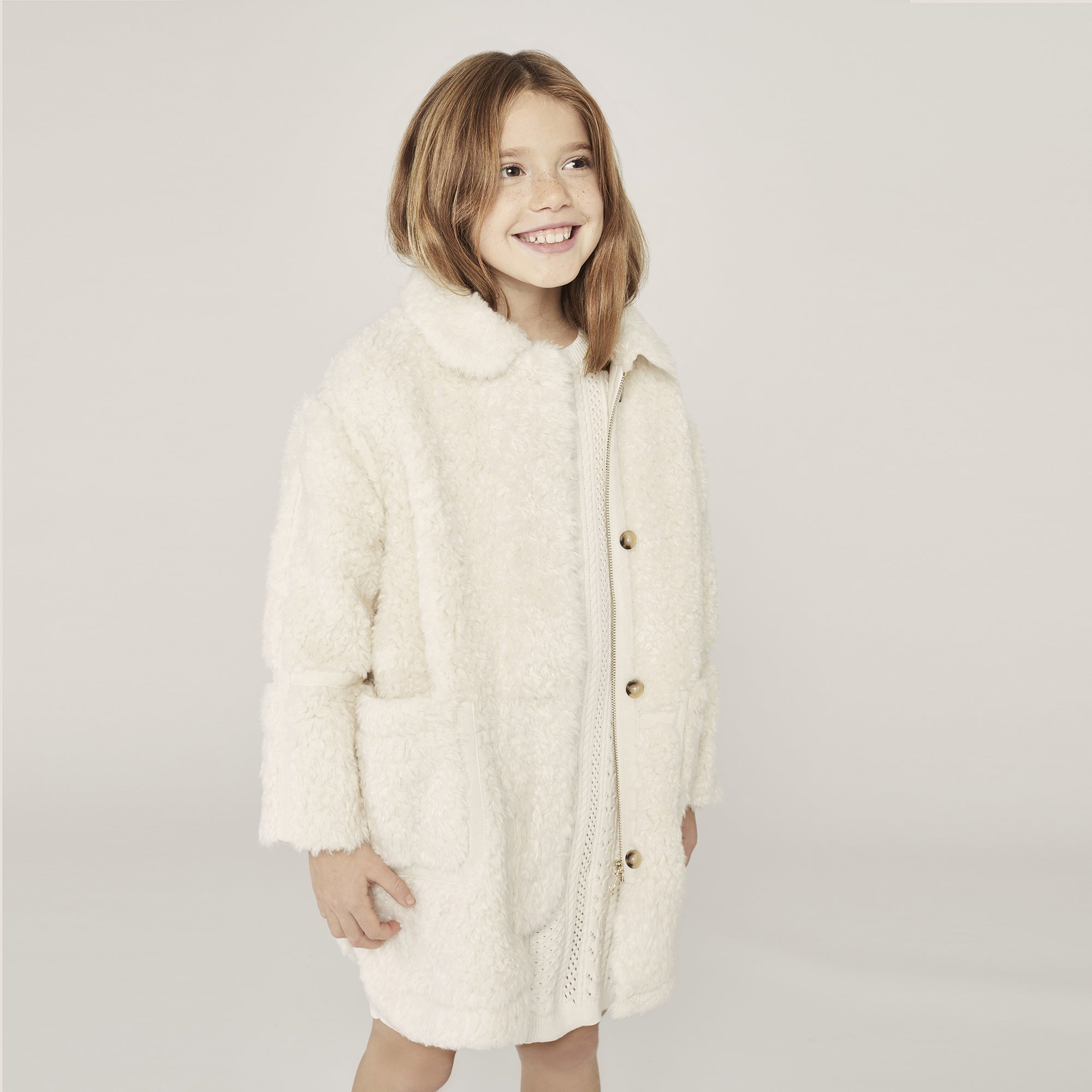 Girls Ivory Faux Fur Coat