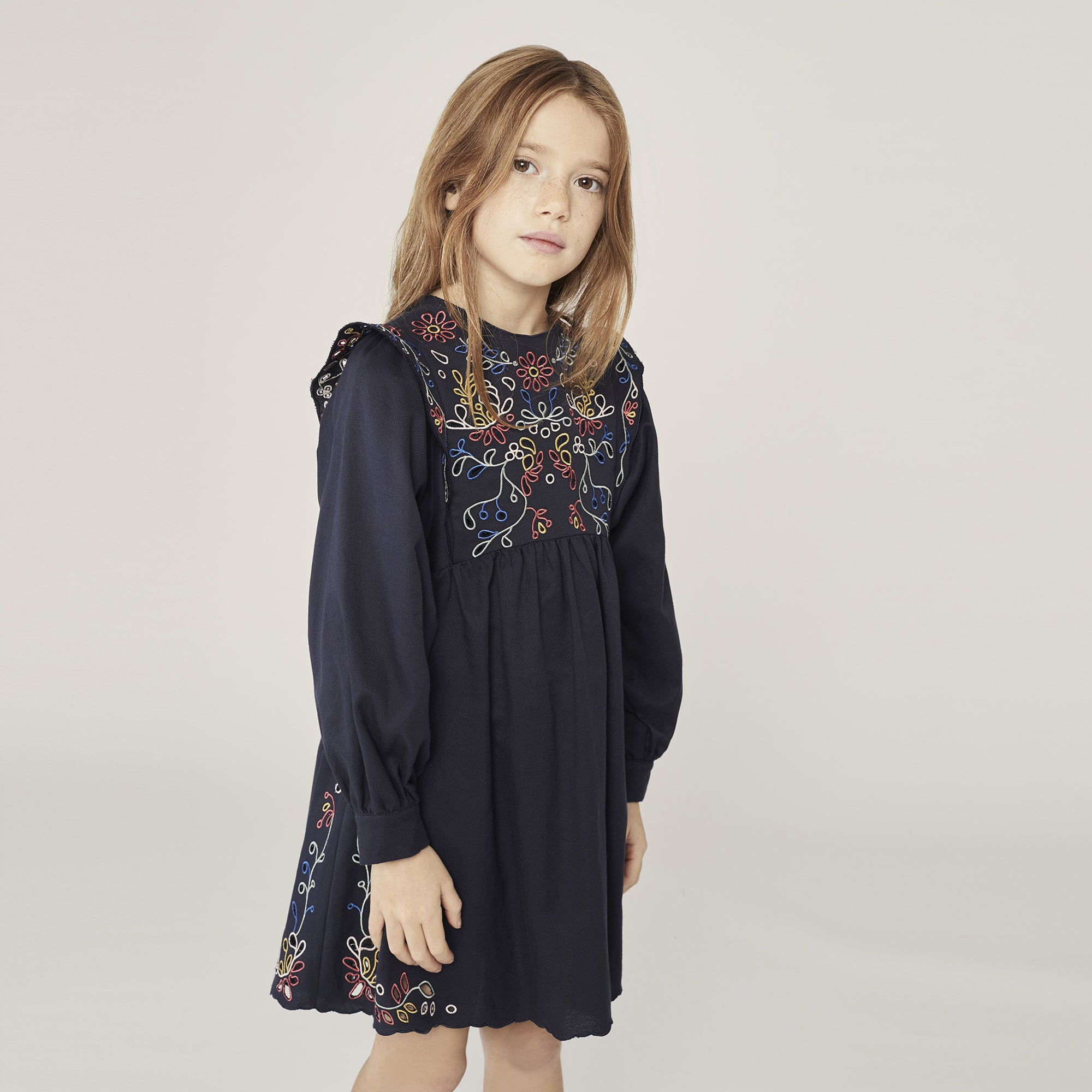 Girls Navy Embroidered Cotton Dress