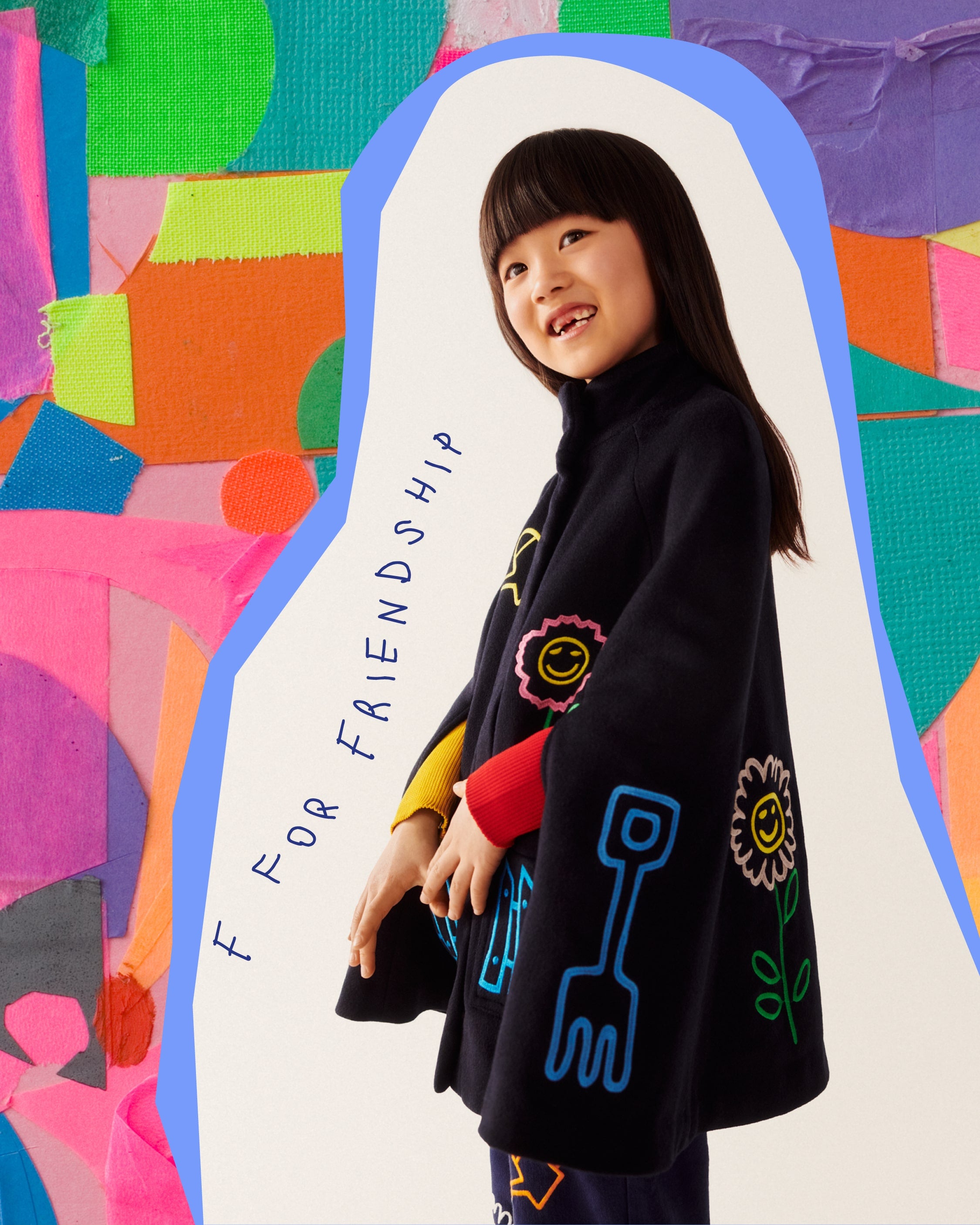Girls Dark Navy Embroidered Wool Cape