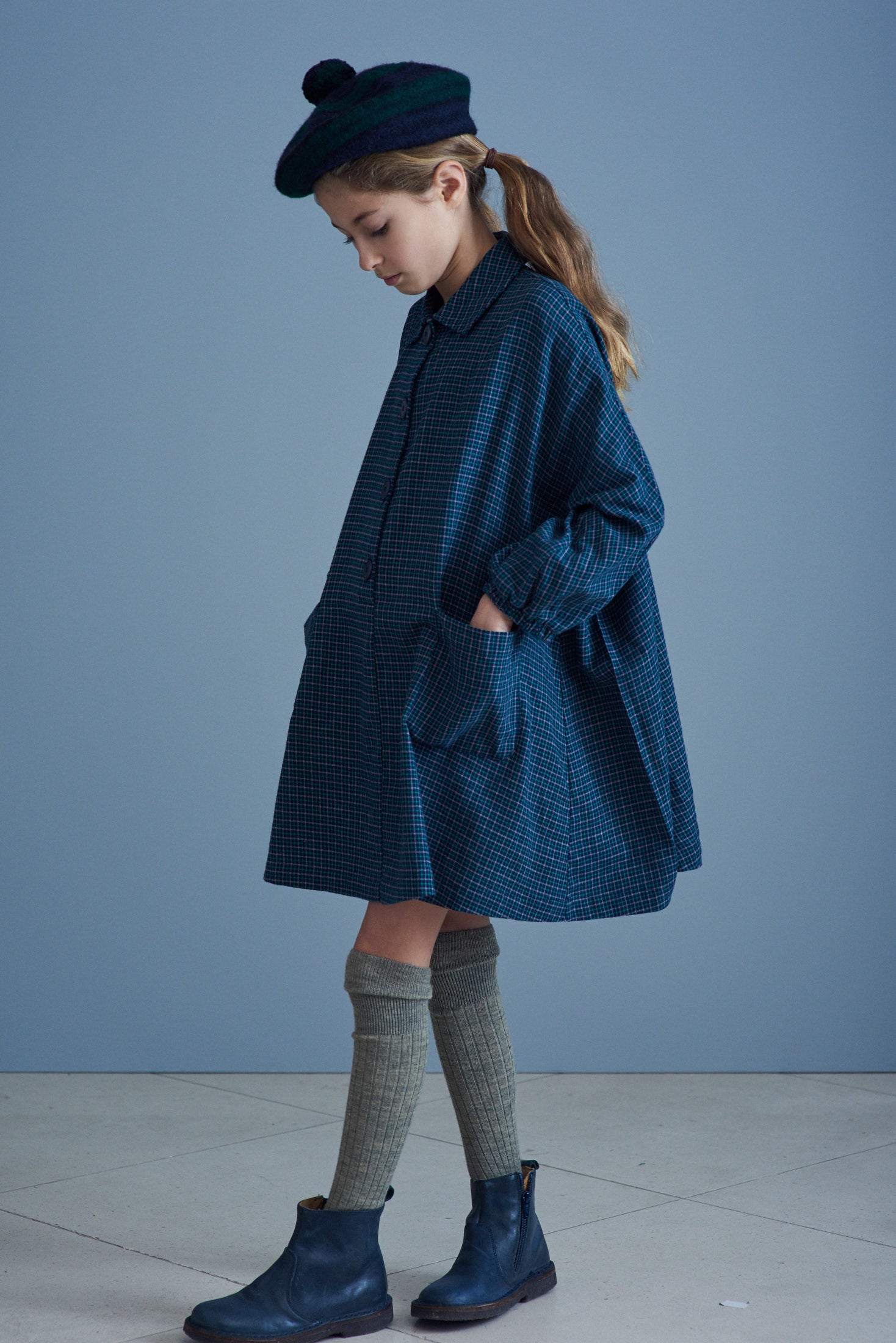 Girls Blue Check Cotton Dress