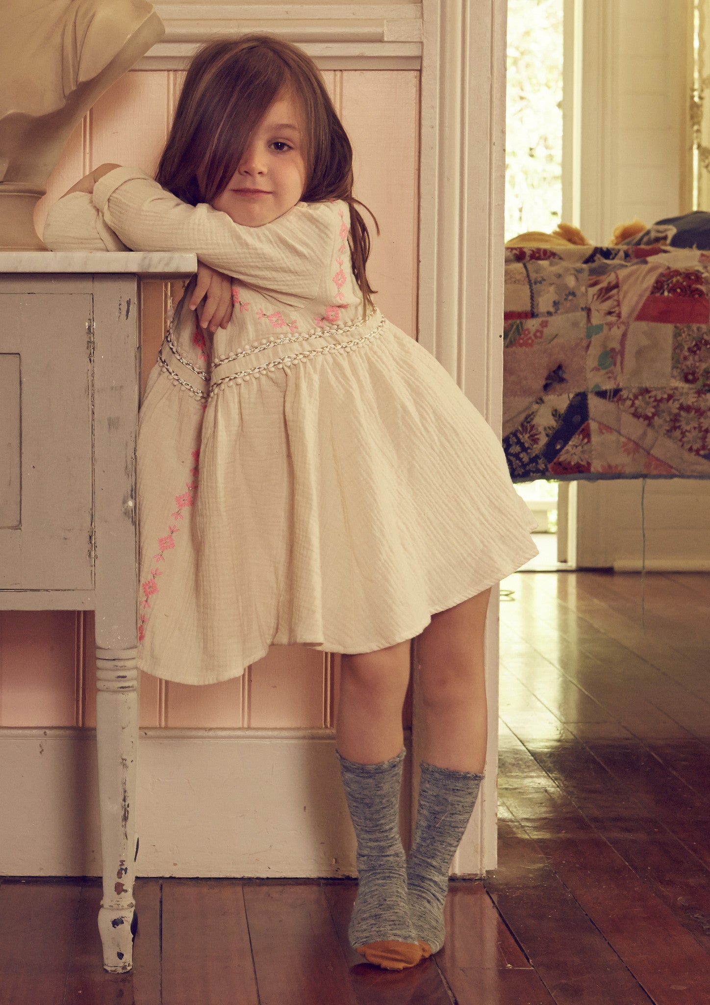 Girls Beige Embroidered Trims Cotton 'Kaja' Dress - CÉMAROSE | Children's Fashion Store - 2