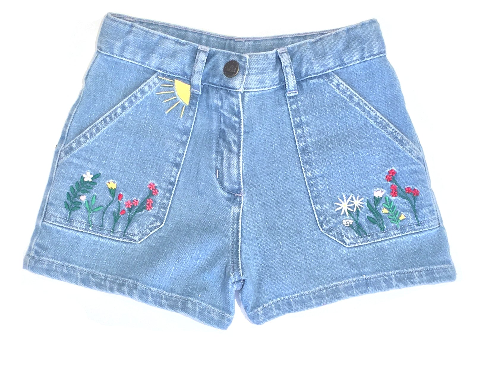 Girls Blue Embroidery Denim Shorts