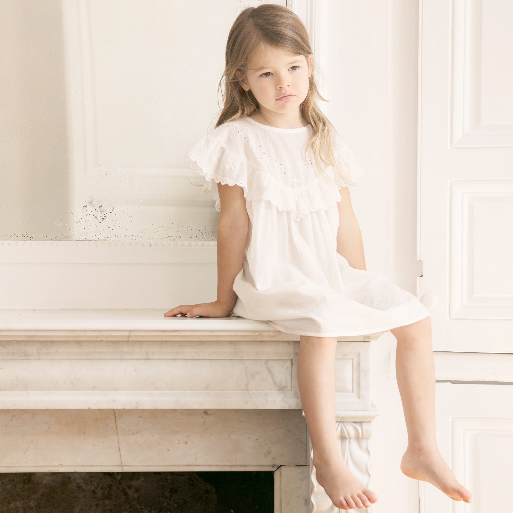 Girls Off White Cotton Dress