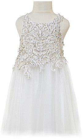 Girls White Pearl Embroidered Trims Tulle Dress - CÉMAROSE | Children's Fashion Store - 3
